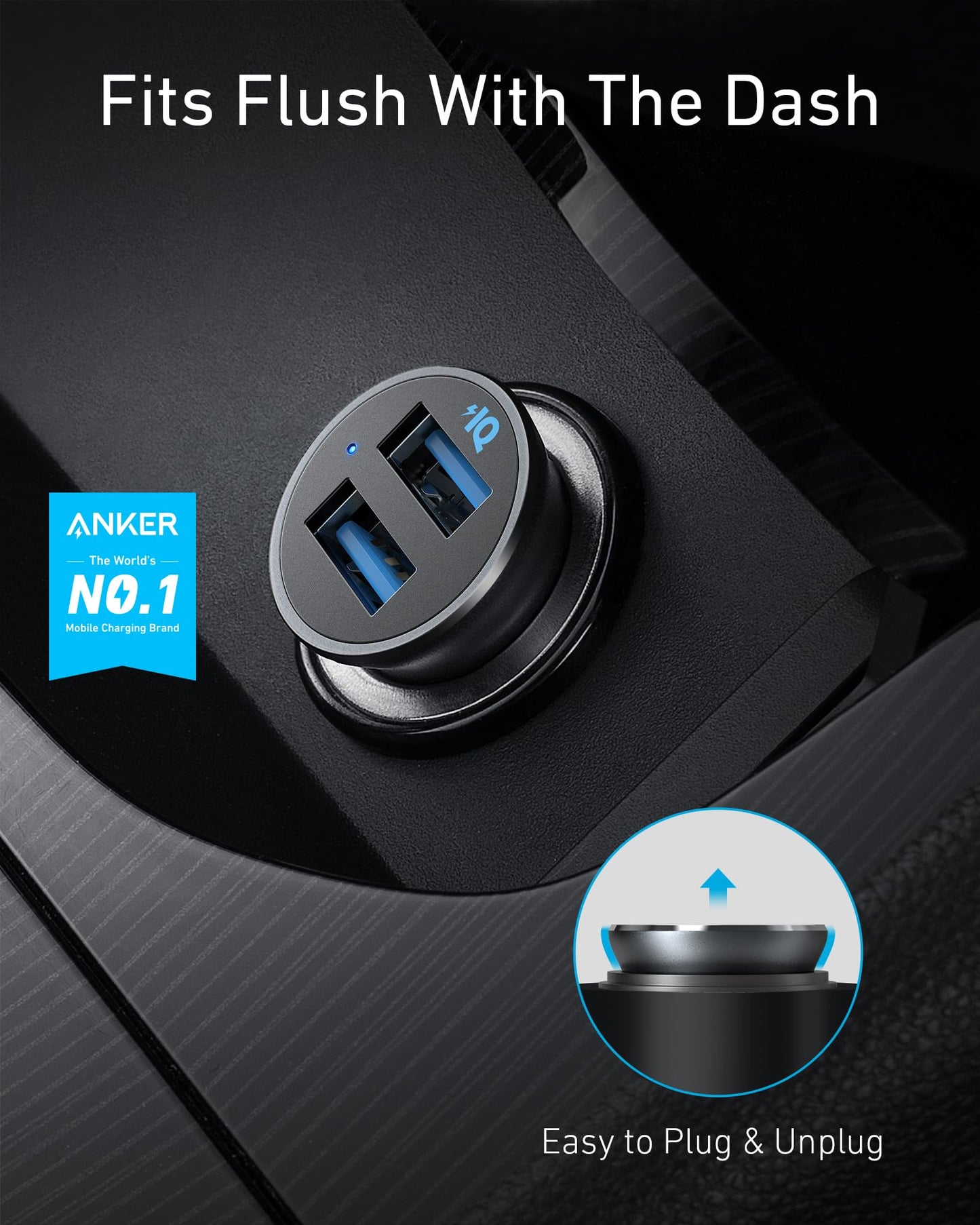 Anker 320 Car Charger (24W II), Mini Aluminum Alloy Dual USB with Blue LED for iPhone16 15 14 13 12 Series, iPad Pro/Air 2/Mini, Galaxy and More - Not