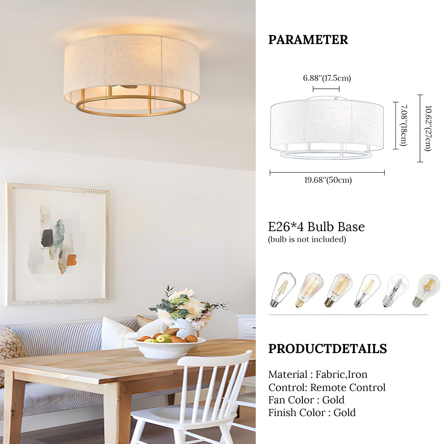 OPKMB 20" Golden Boho Caged Linen Low Profile Ceiling Fan with Remote, 6 Speeds