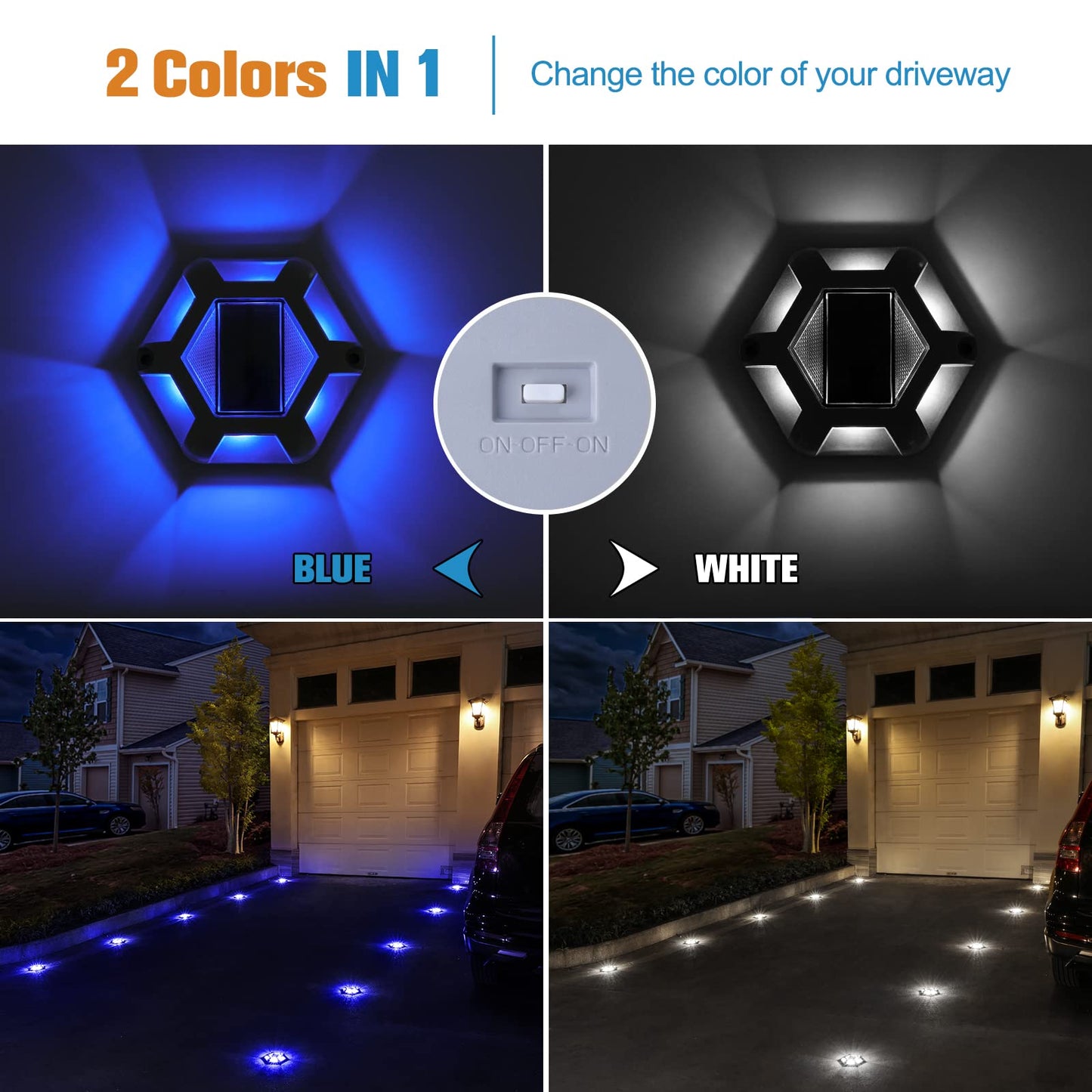 VOLISUN Solar Dock Lights, 16-Pack Waterproof Outdoor LED Aluminum Dock Lighting Warning Step Lights for Driveway (Blue+White, 2 Colors in 1), Auto
