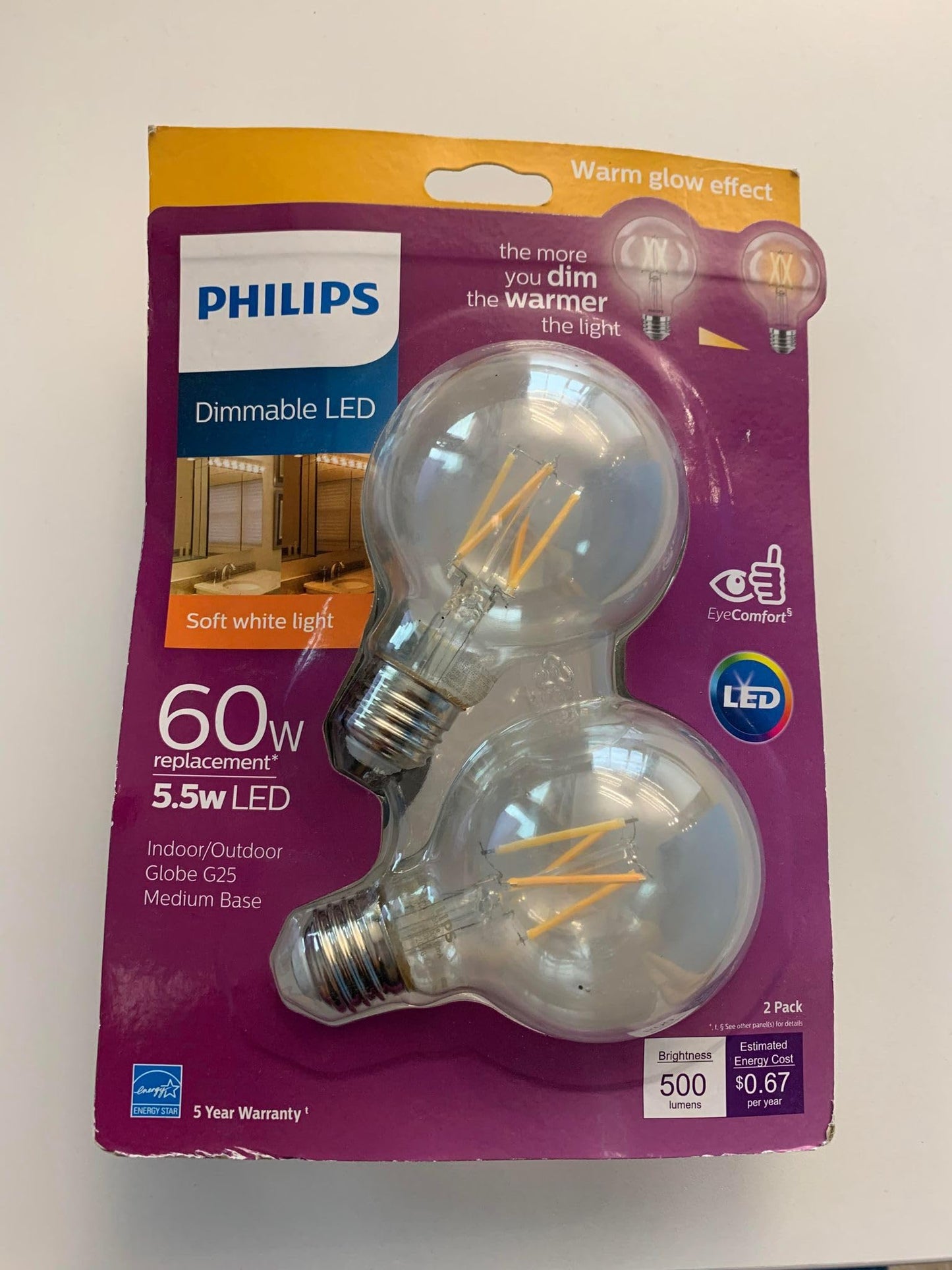PHILIPS LED Clear Dimmable, Warm Glow Effect G25 Light Bulb - Pack of 2 - EyeComfort Flicker Free - 5.5W = 60W - 500 Lumen - Soft White (2700K) - E26