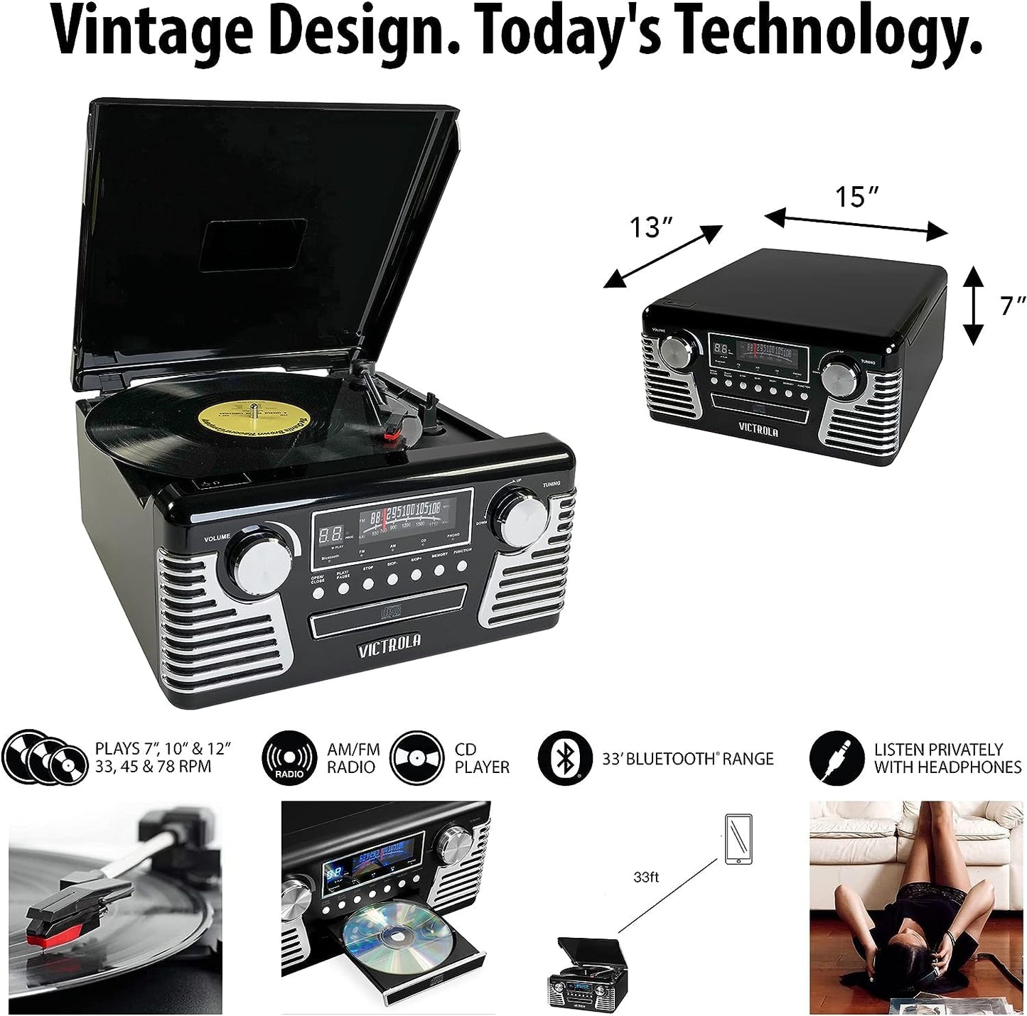 Victrola Haley Retro Bluetooth Record Player & Multimedia Center with Built-in Speakers - 3-Speed Turntable, CD Player, AM/FM Radio, 3.5mm Aux-In