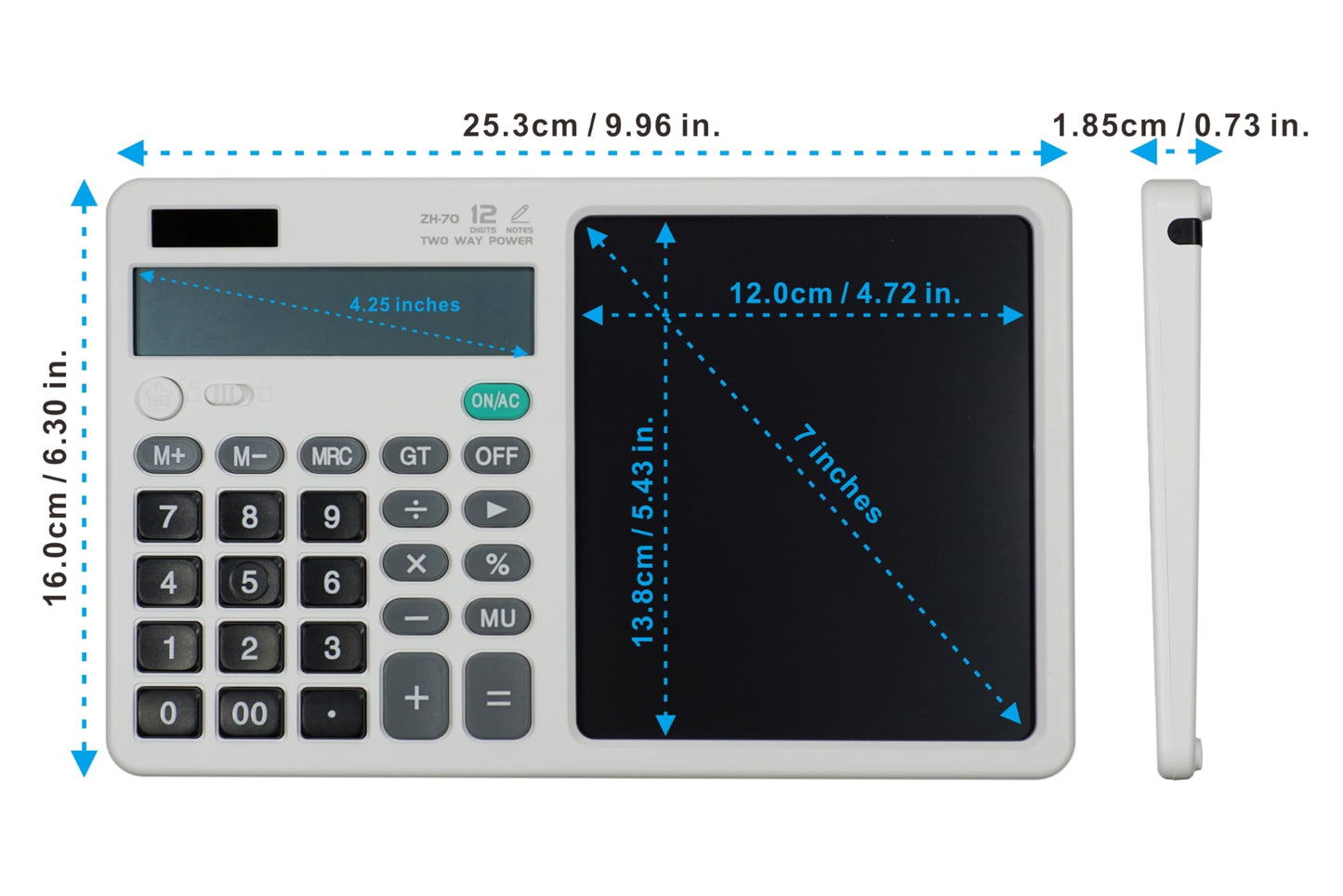 Desk Calculator Large Display with 7'' Erasable Writing Pad, 12 Digits Large Screen Display Jumbo Calculadora, Solar & Battery Powered Big Button