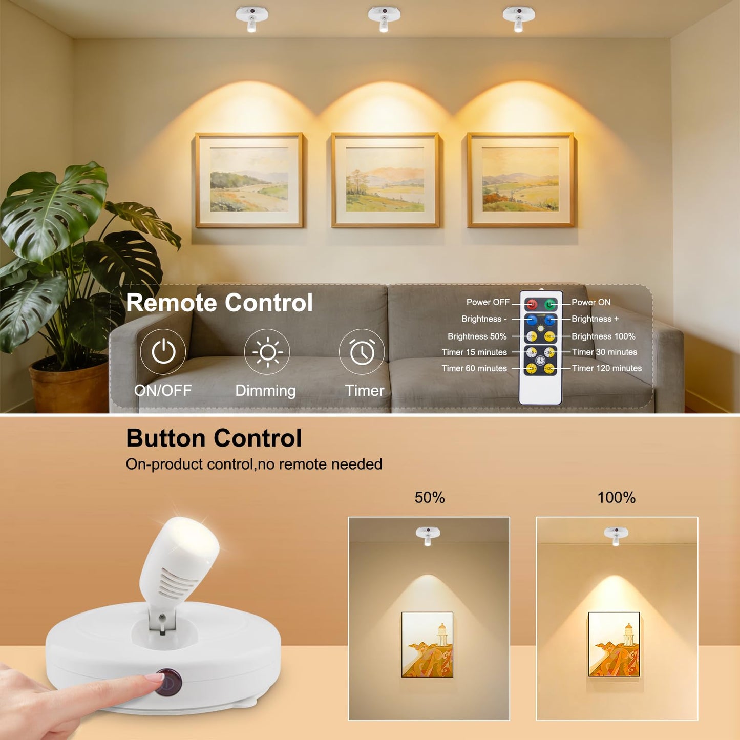 HONWELL Wireless LED Spotlights 2 Pack Accent Light Puck Lights with 2 Remote, Indoor Closet Lights with Rotatable Head,Stick on Artwork Lighting