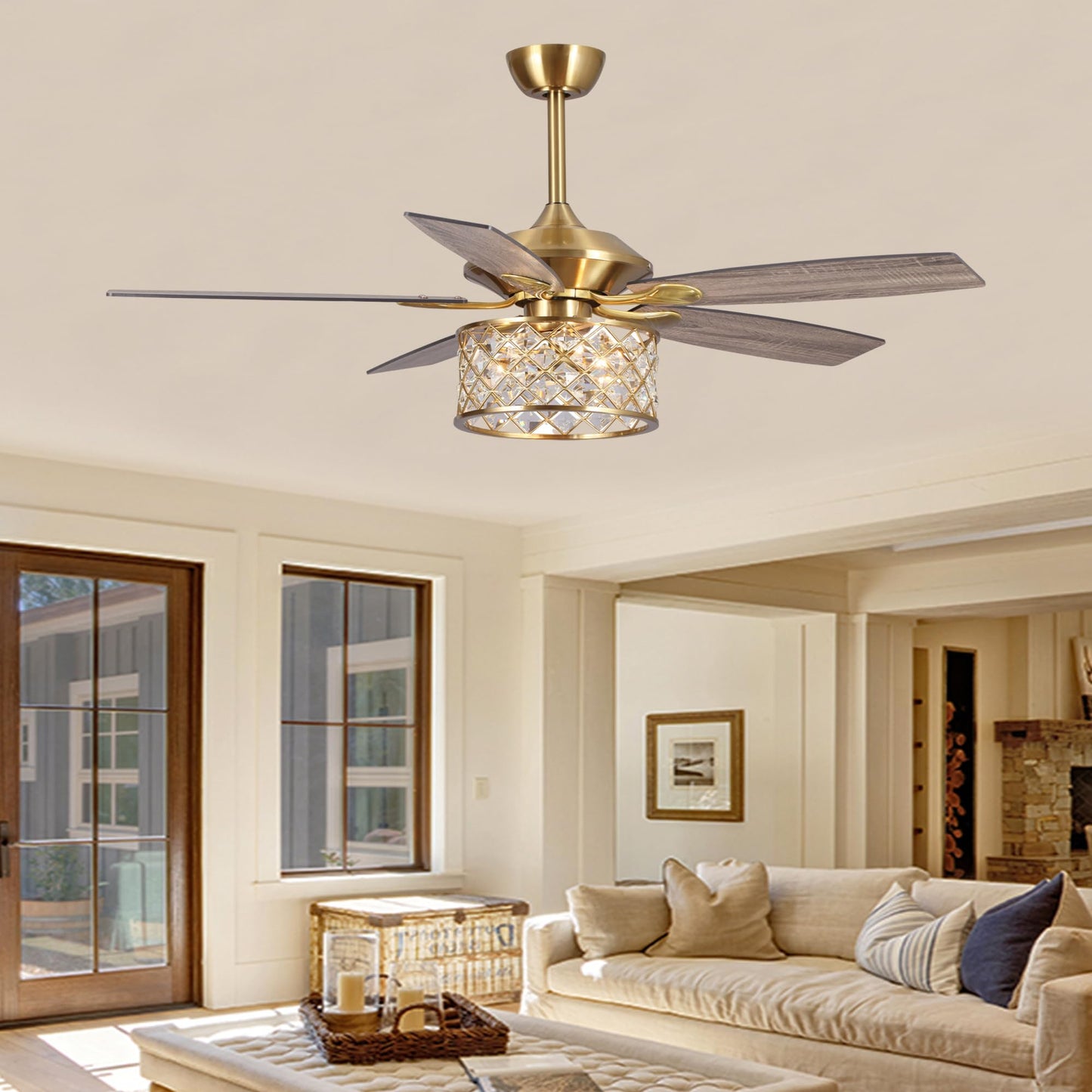 Vaczon 52'' Farmhouse Ceiling Fan with Light: Golden Caged Fandelier Style, Crystal Ceiling Fan with Remote, 6 Speeds, Reversible Motor, Noiseless