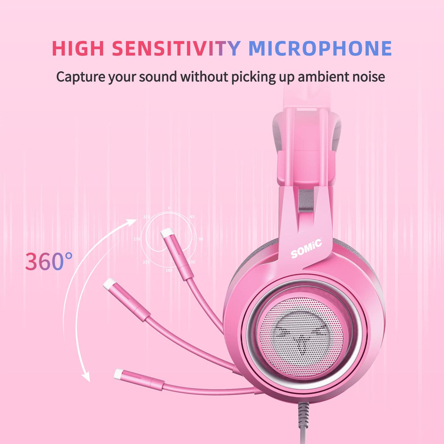 SOMIC G951s Pink Stereo Gaming Headset with Mic for PS4,Xbox,PC,Mobile Phone,3.5mm Noise Reduction Cat Ear Headphones Lightweight Over Ear Headphones