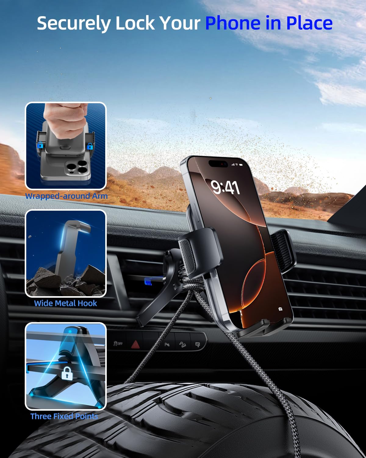 volport Vent Phone Mount for Car, Hands Free Air Vent Clip Cellphone Holder with Deep Wide Clamp, Universal Automobile Cradle Fit for Mercedes Benz