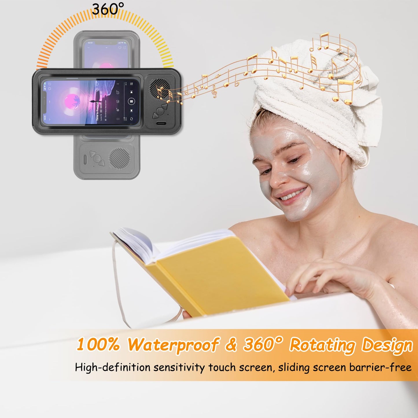 Shower Phone Holder with Wireless Bluetooth Speaker , 480° Rotation Retractable Adjustable Shower Case for iphone ,Bathroom Wall Phone Mount Stand
