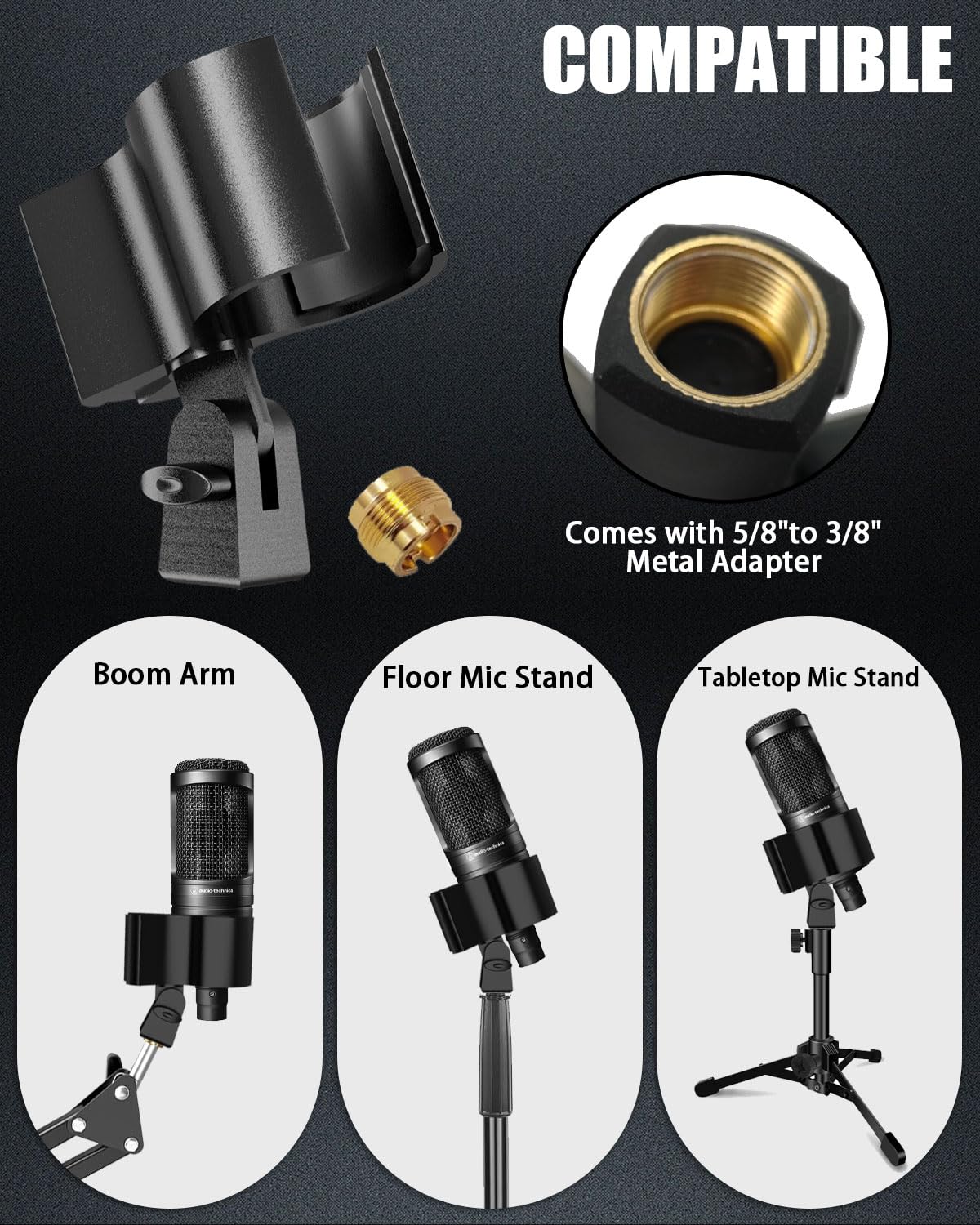 Mictop Upgraded Microphone Clip Holder, Universal Adjustable Microphone Holder for All Microphones Size at 32mm-60mm, with 5/8" to 3/8" Screw Adapter