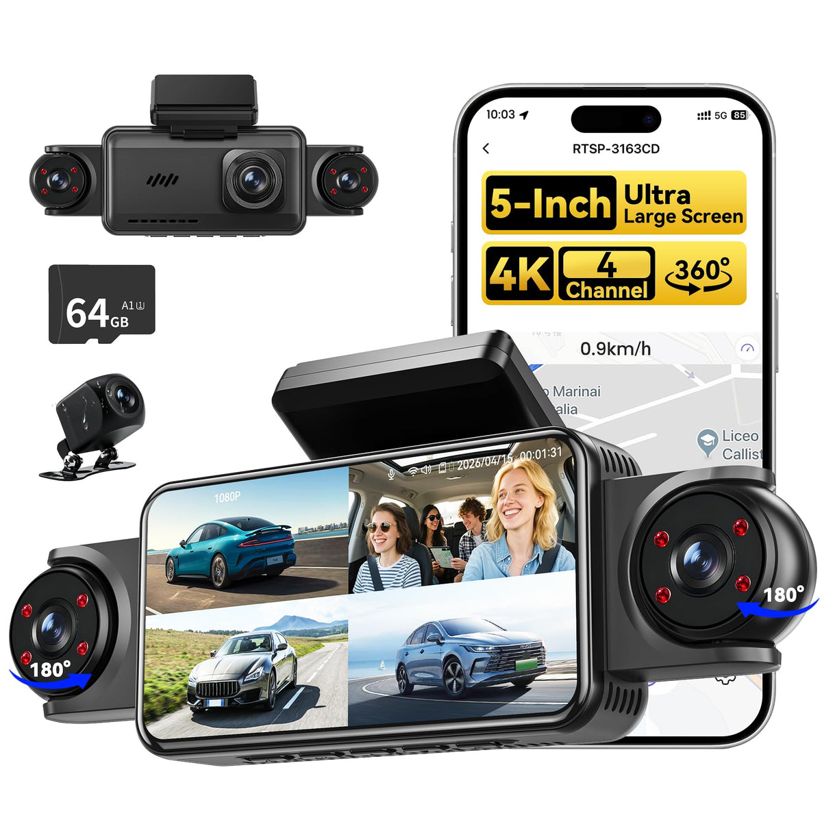 5'' Extra Large 4K Dash Cam Front Rear Left Right, 360° 4 Channel Dash Cam