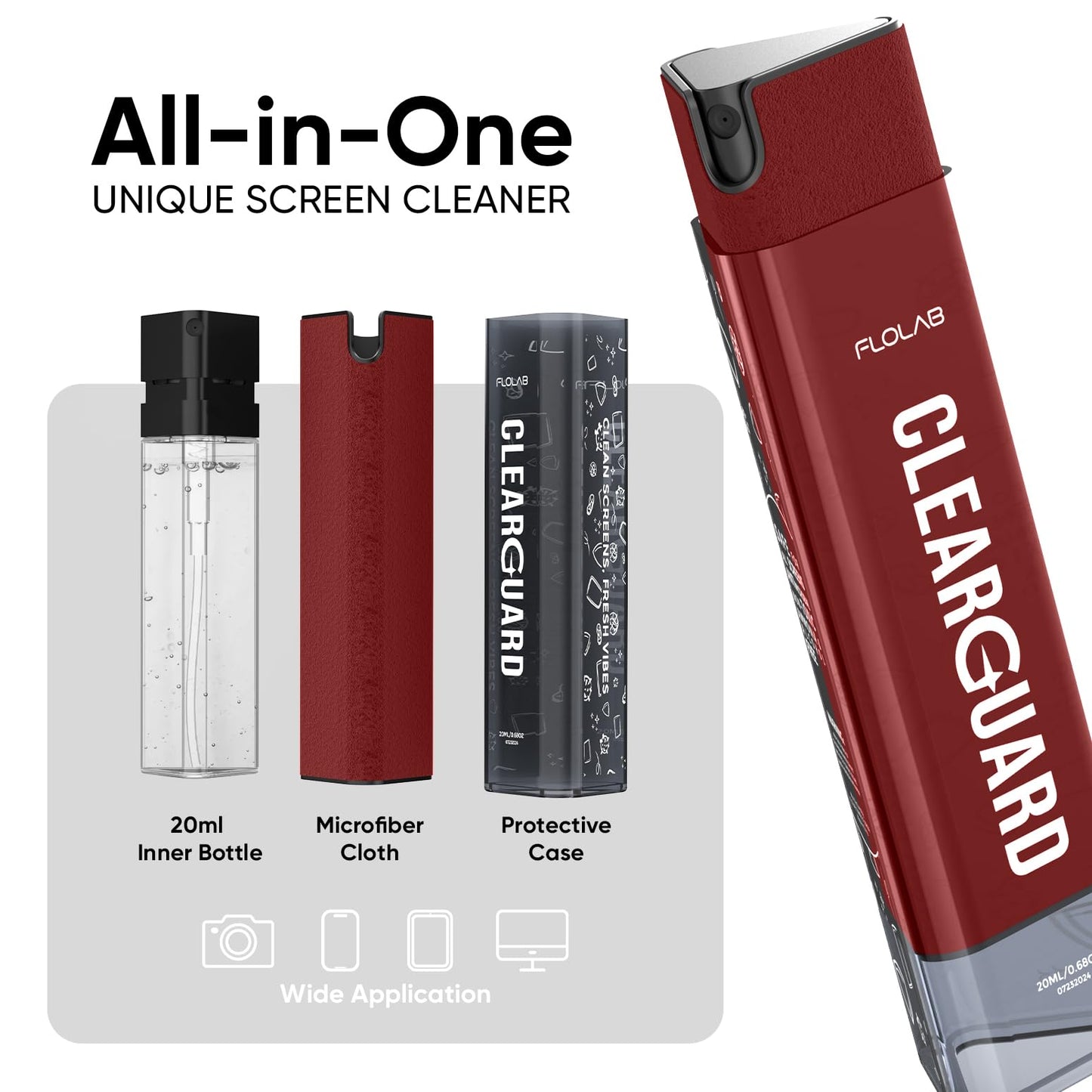 FLOLAB Clear Guard Screen Cleaner for iPhone, Mobile Phone, Laptop, Tablet, Spray and Microfiber Cloth All in one, Easy to Clean, Portable - Atomic
