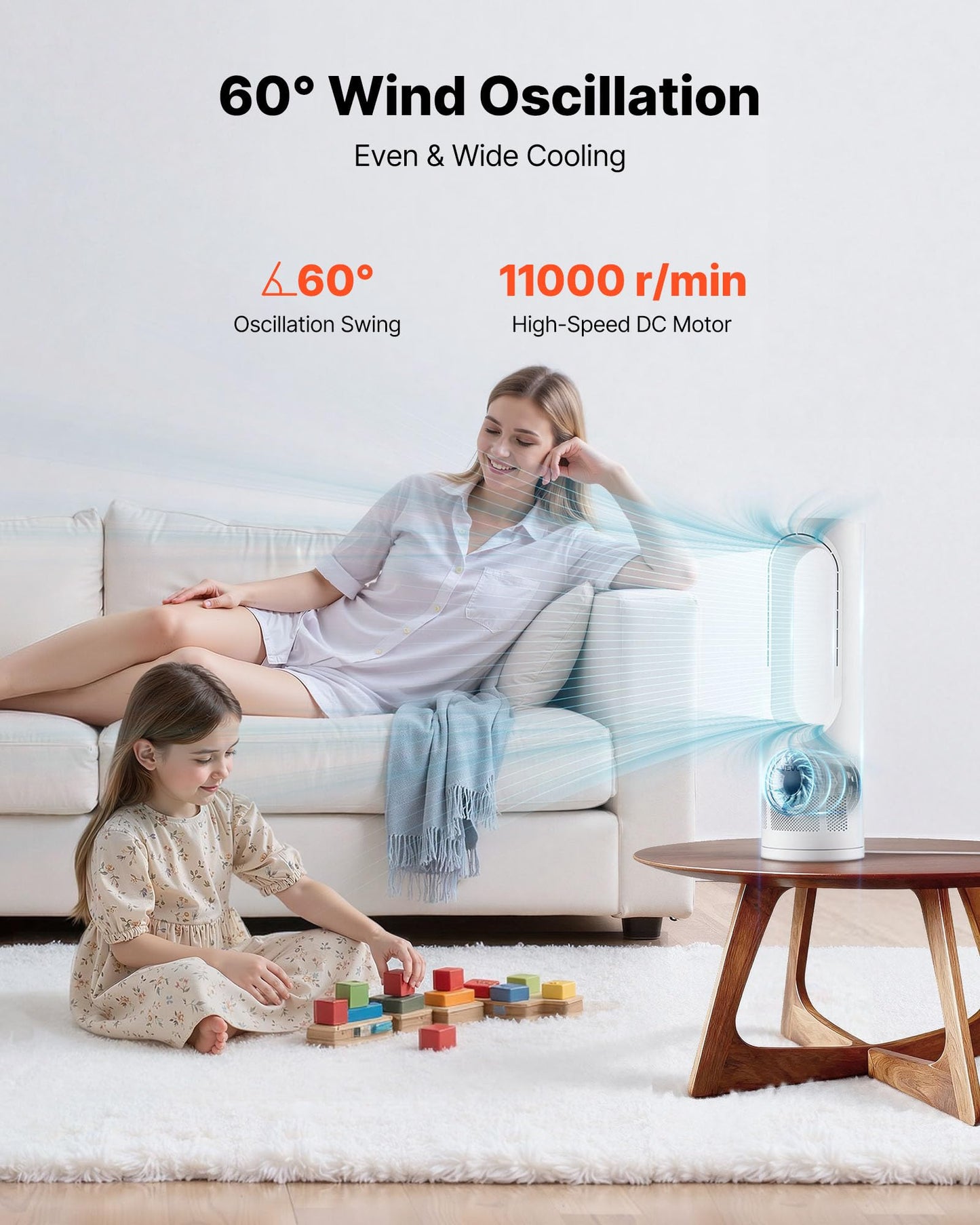 VEVOR Desk Fan Bladeless, 17 inch Office Table Fan Small Quite, 5 Speeds Adjustment, 0-9H Timer, 60-Degree Oscillation, Touch Control, Easy to Clean