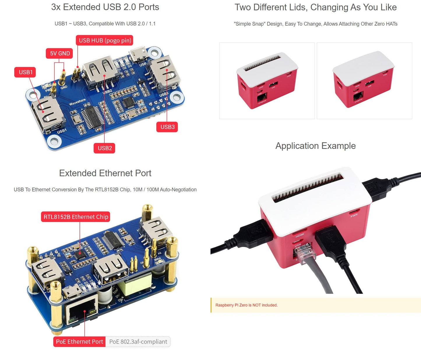 Waveshare PoE Ethernet/USB HUB Box, Compatible with Raspberry Pi Zero/Zero W/Zero WH, 3X USB 2.0 Ports, 802.3af-Compliant