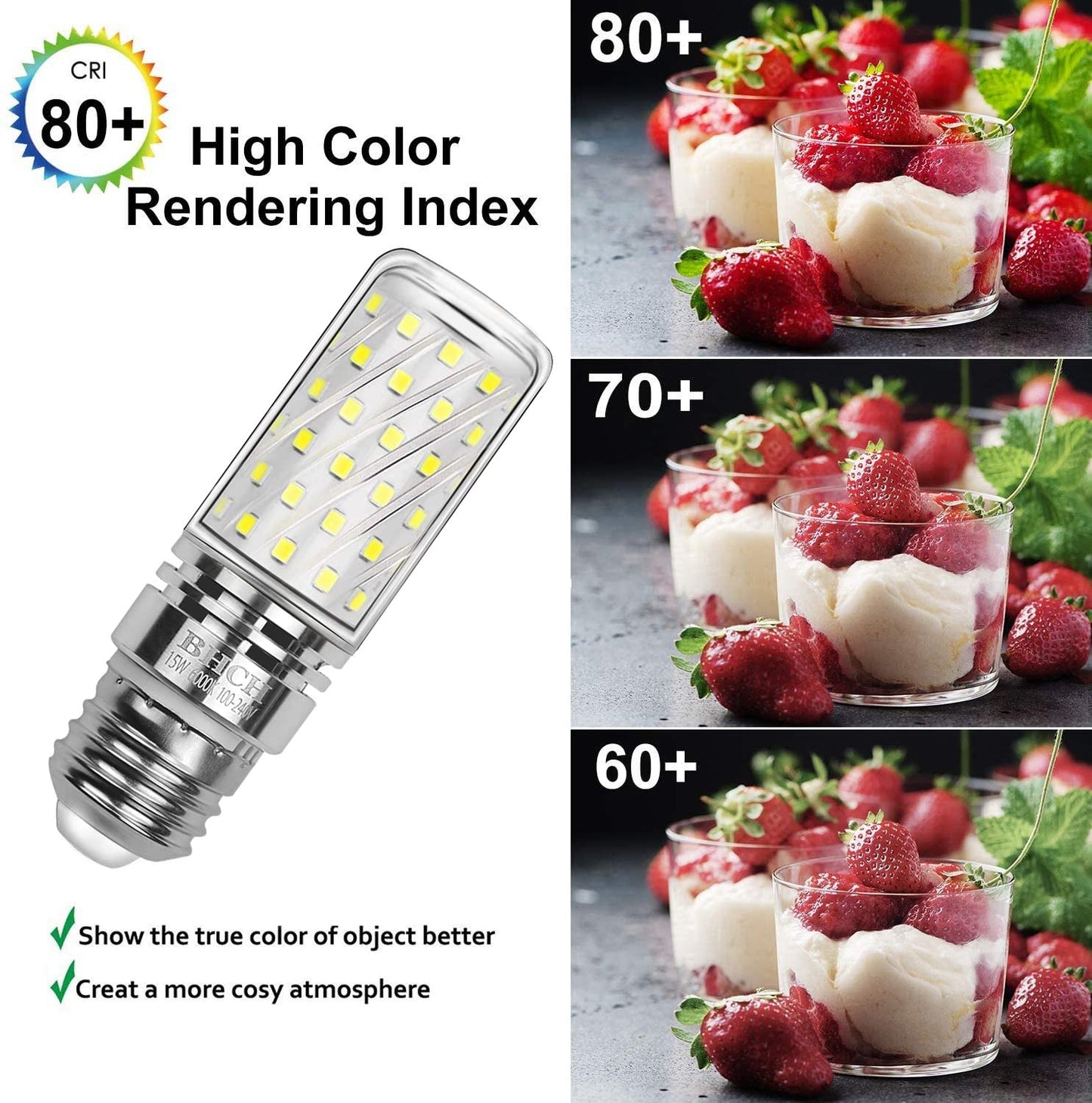 BHCH E26 LED Corn Bulbs 15W, 6000K Daylight White, 1500LM, Edison Screw Base, 120W Incandescent Equivalent, Pack of 4