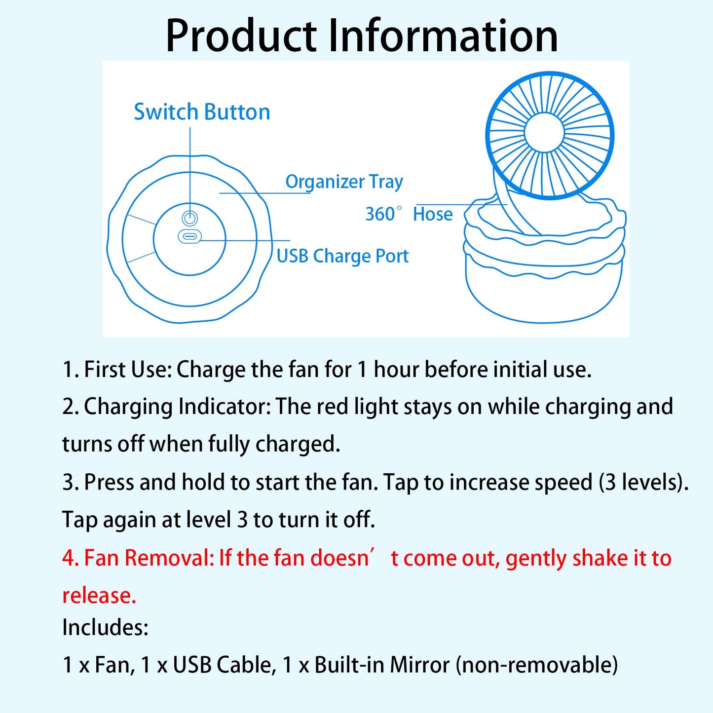 ROROUP Rechargeable Hamburger Desk Fan With Mirror 3 Inch Small Mini Cute Desk Fan Powerful 3 Speeds 360° Rotate USB Personal Portable Desktop Table