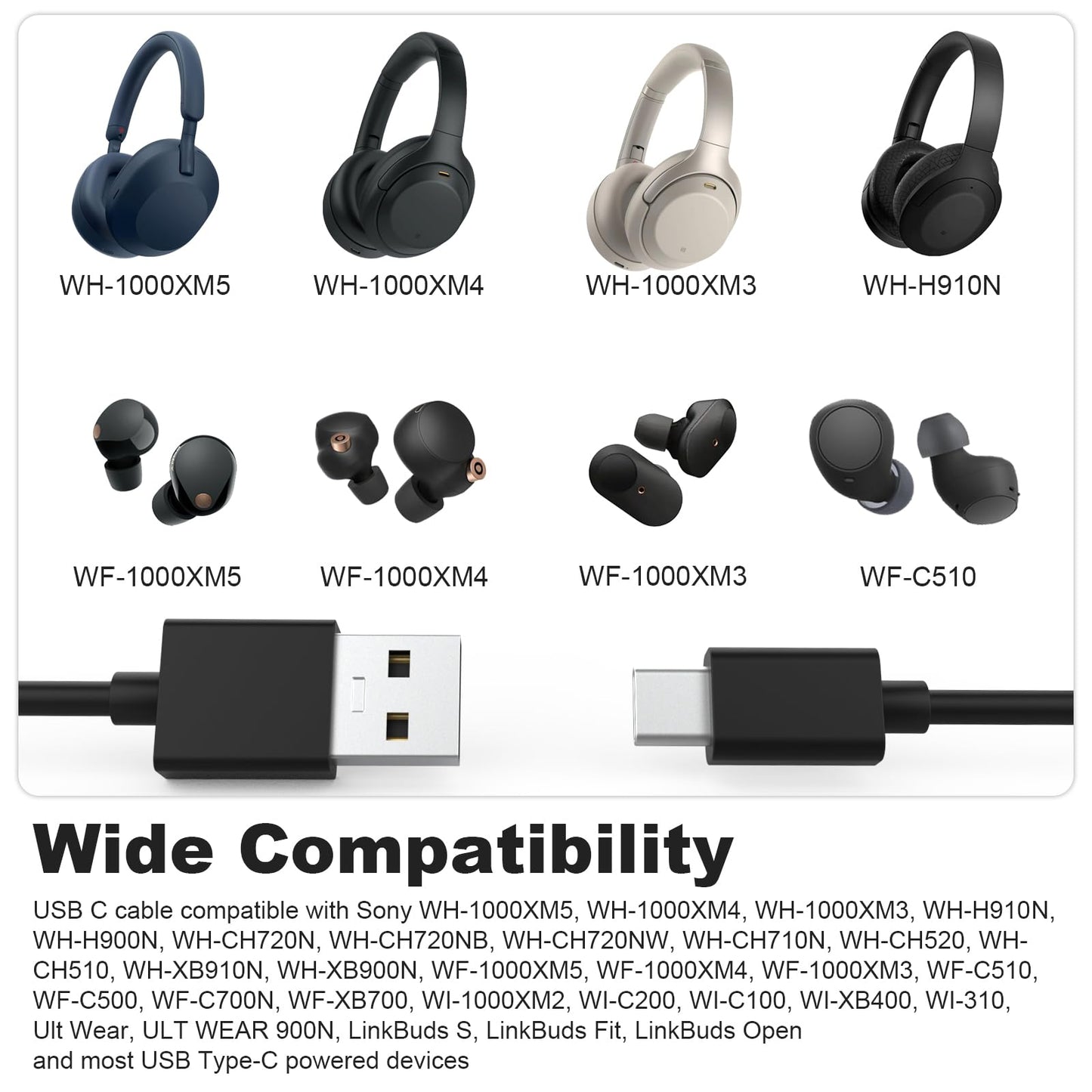 Type C Charger Cable Compatible with Sony WH-1000XM6 WH-1000XM5 WH-1000XM4 WH-1000XM3 WH-CH720N WH-CH520 WH-XB910N WF-1000XM5 WF-1000XM4 WF-1000XM3