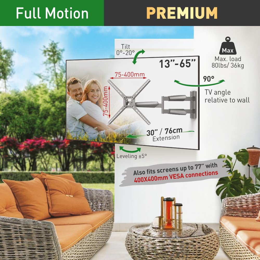 Barkan 30'' Long Gazebo Outdoor TV Wall Mount, 13-65 inch Full Motion Articulating - 4 Movement Flat/Curved Screen Bracket, Holds up to 80lbs