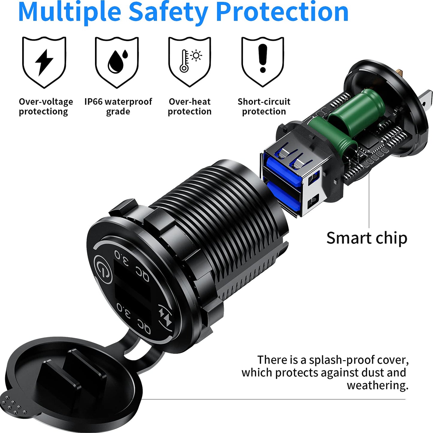 KEWIG Quick Charge 3.0 Dual USB Charger Socket Waterproof 36W 12V 24V USB Outlet Fast Charge with Touch Switch & Blue LED DIY Kit for Car Boat Marine