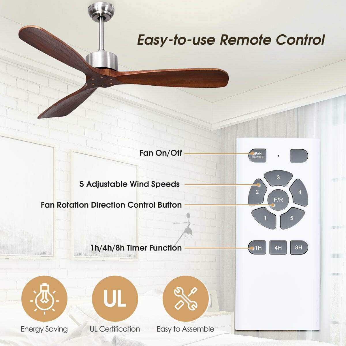 DORTALA 52" Modern Ceiling Fan, 3 Blade Ceiling Fan Wood Blades, Noiseless Reversible Motor, &Brushed Nickel Finish w/Remote Control