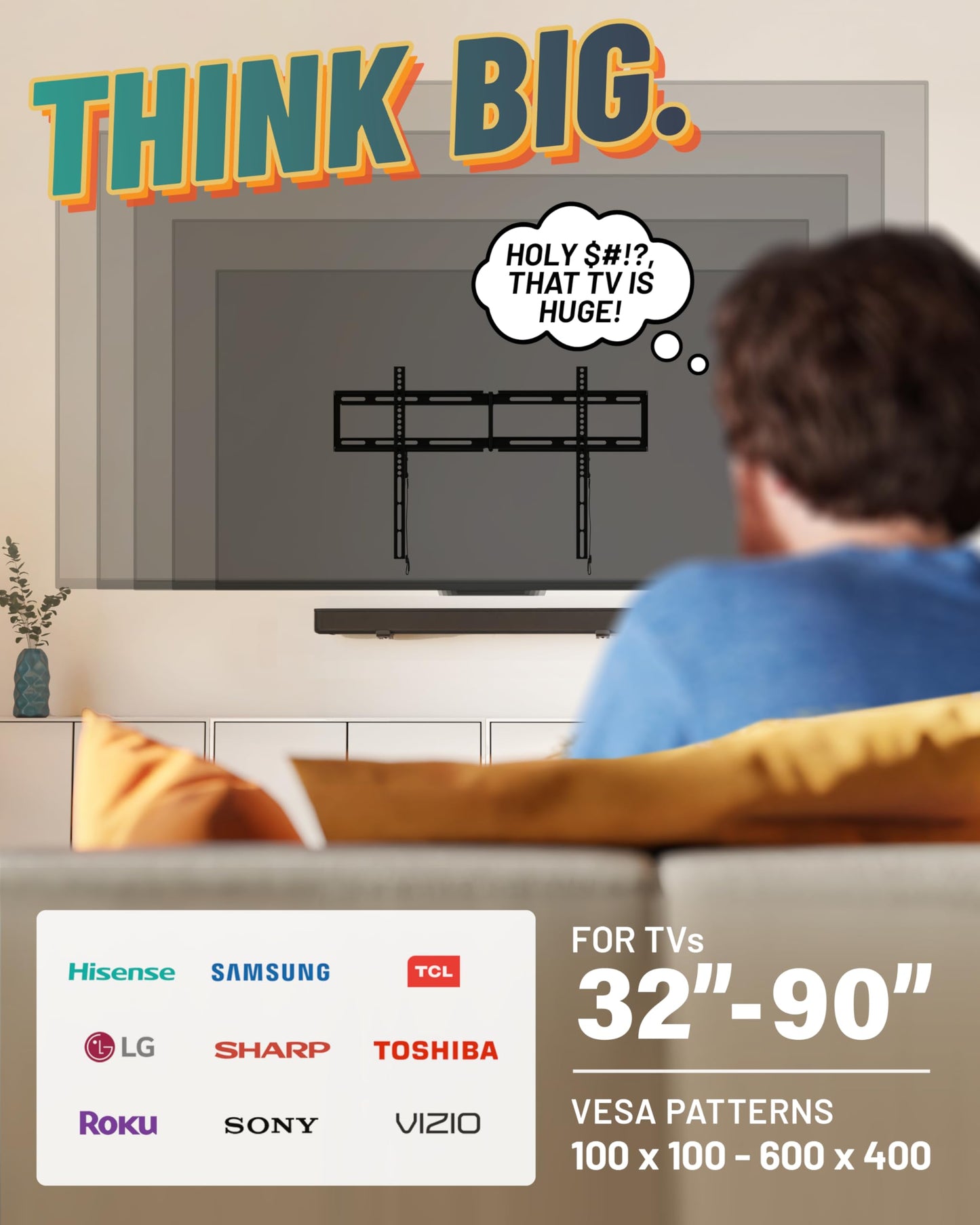 ECHOGEAR Fixed TV Wall Mount for 32" to 90" Screens up to 150lbs - Universal XL TV Mount Keeps Low 1.18” Profile - DIY Install w/Included Hardware