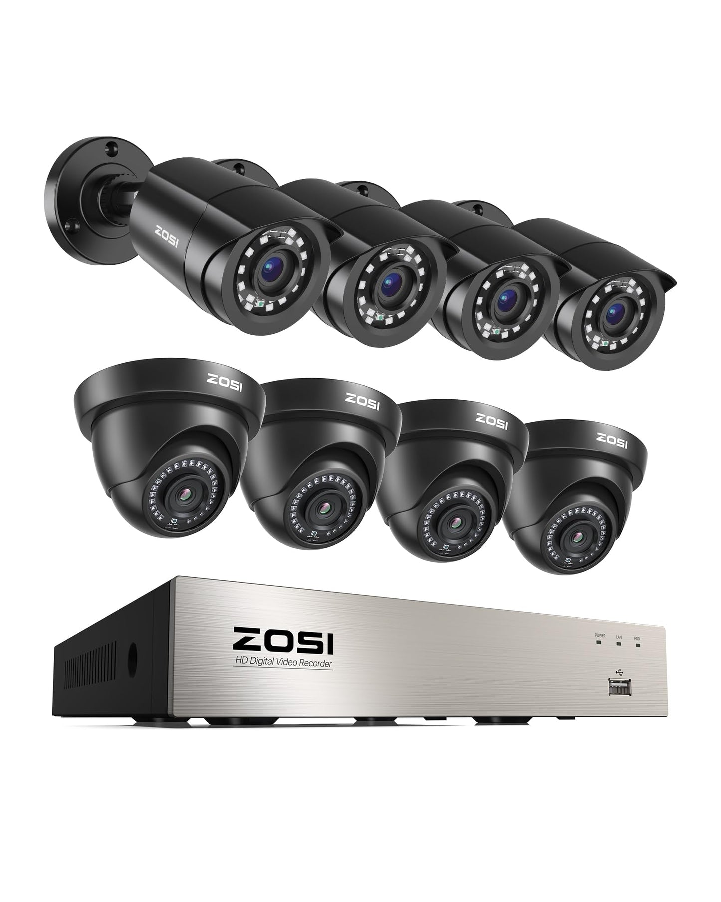 ZOSI 8CH 3K Lite Security Camera System with AI Human Vehicle Detection, 8 x 1920TVL Weatherproof Home Outdoor Cameras, 80ft Night Vision, Remote