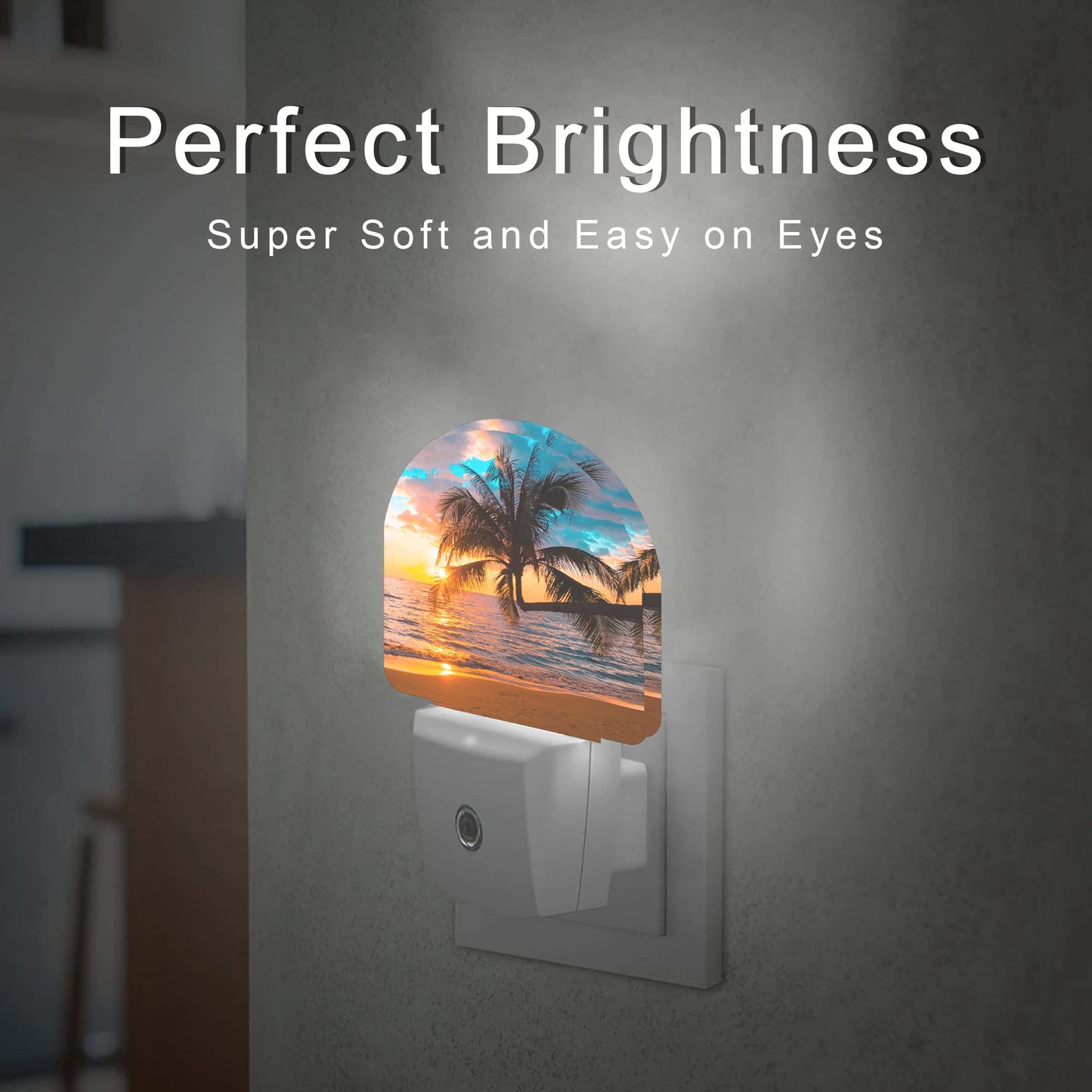 AOWULA Sunset Night Light,Tropical Palm Trees Sea Beach Night Lights Plug into Wall, Dusk to Dawn Sensor LED Lamp 0.5W for Boys/Girls/Women/Men