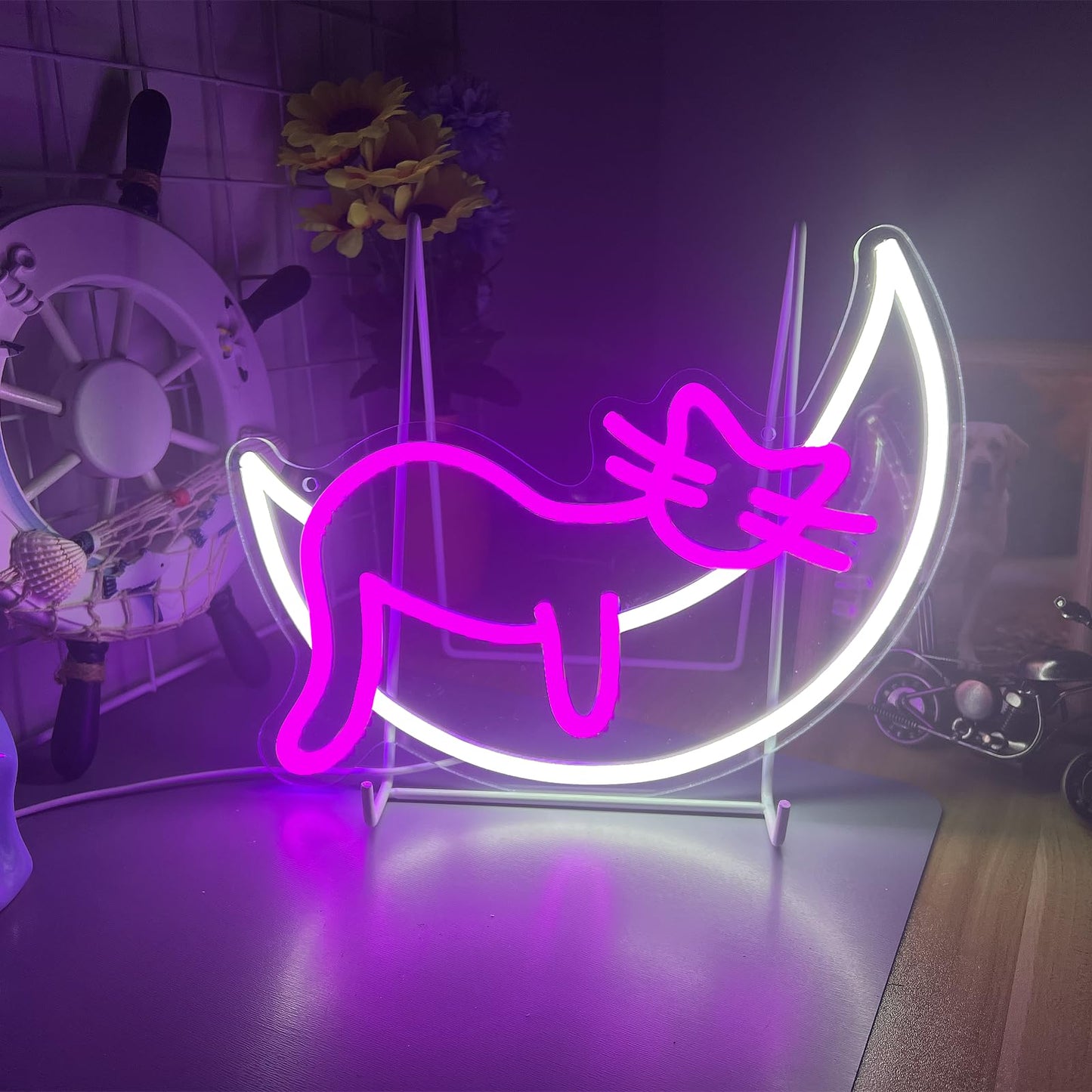 Pink Cat Moon LED Neon Sign Dreamy Night Light for Bedroom Wall Decor USB Powered Flexible Light Strip for Girl's Room, Cafe, Pet Shop, Gift for Cat