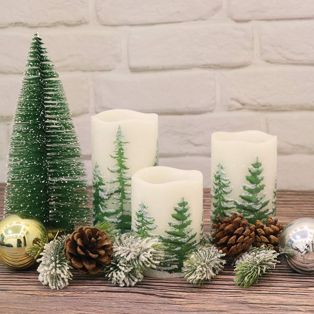 DRomance Christmas Flameless Candles with 6 Hour Timer, 3 Pack Real Wax LED Pillar Candles Warm Light Flickering Holiday Decor(Green Christmas Tree, 3