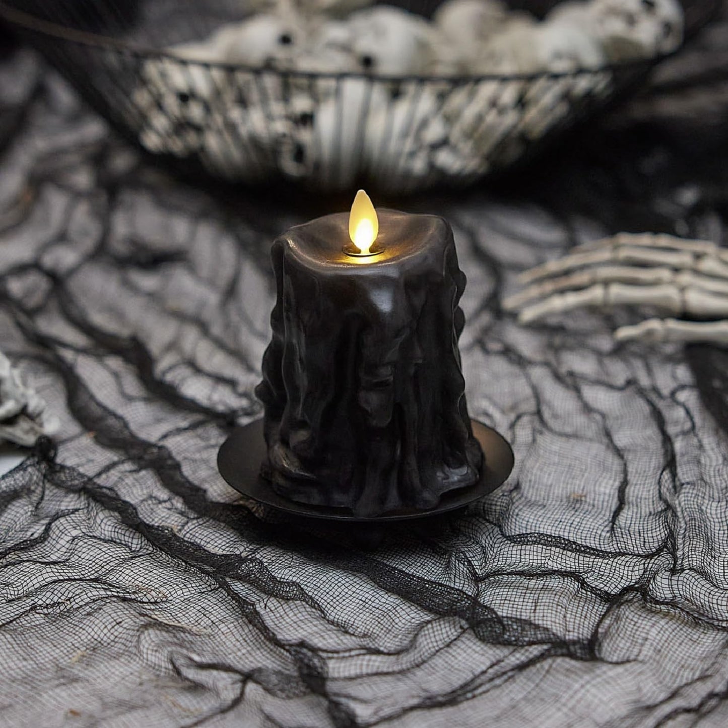 Luminara Heavy Wax Drip Flameless LED Candle, Black 3.4" x 4.5", Timer Function, Real Wax Pillar, Battery Operated Unscented Safe, Long-Lasting
