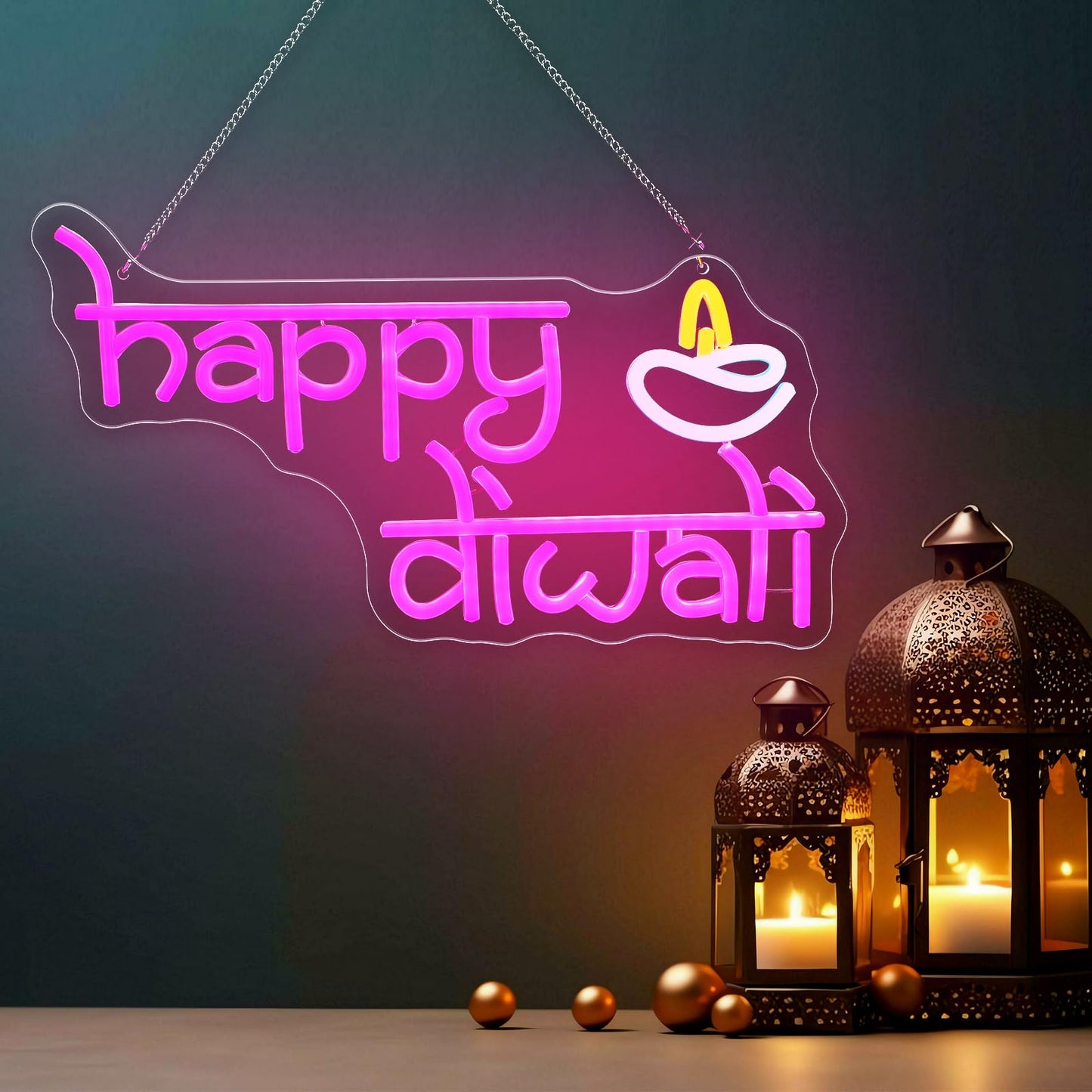 WILLBOND Happy Diwali Neon Sign Diwali Diya Party Decoration Deepawali LED Neon Light Sign Indian Hindu Pooja Room Light Hanging Decoration for Puja