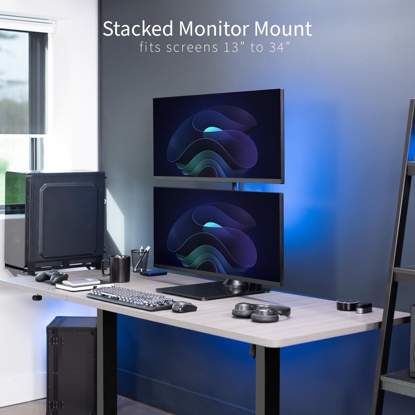 VIVO Dual Monitor Desk Stand with Tempered Glass Base, Free-Standing LCD Mount, Holds in Stacked Vertical Position 2 Ultrawide Screens up to 34
