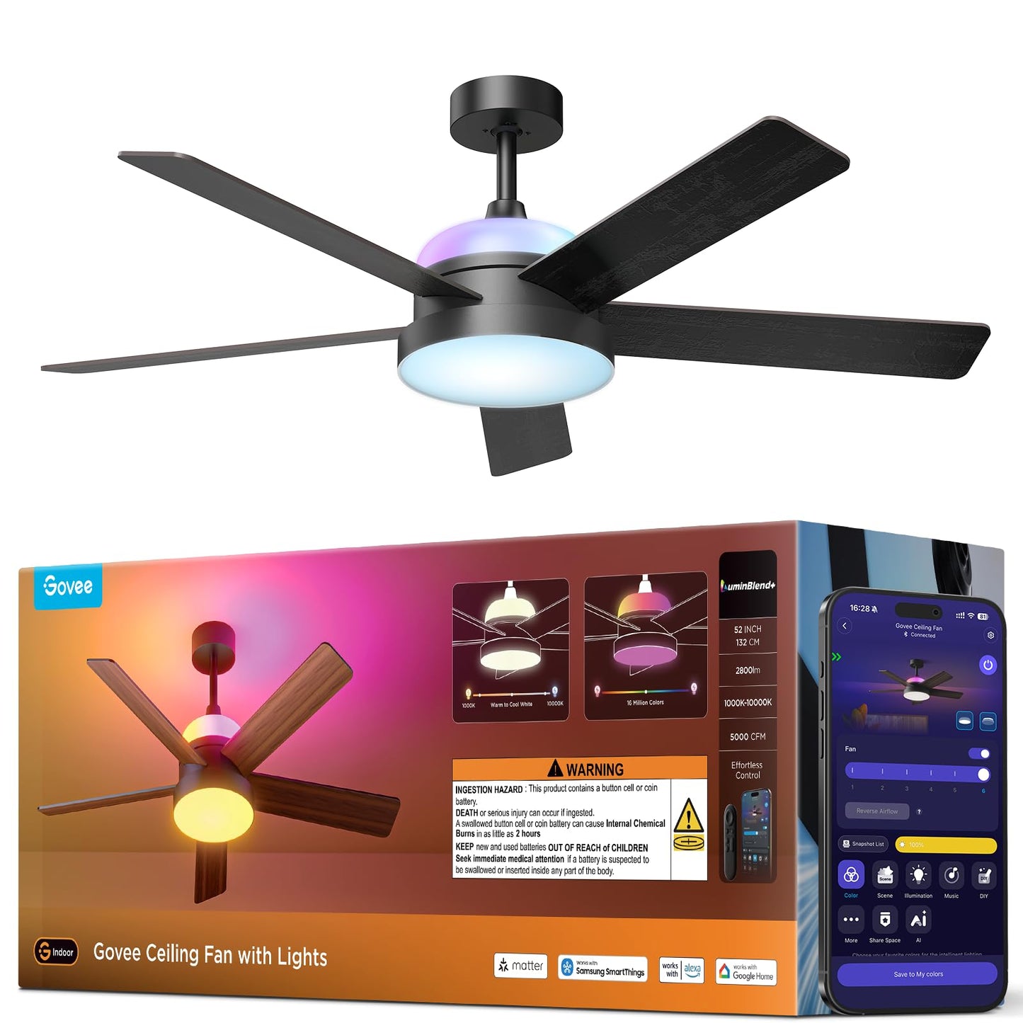 Govee Ceiling Fans with Lights and Remote, RGBIC Smart 52'' flush mount