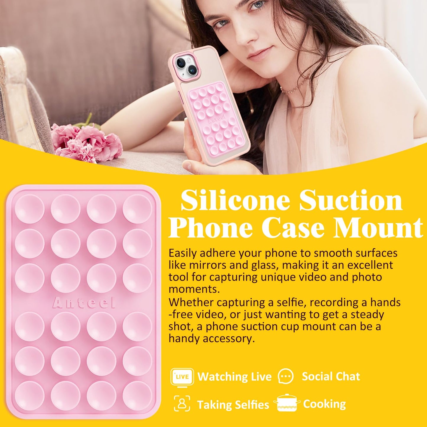 Anteel 4 Pack Silicone Suction Phone Case Adhesive Mount, 2026 Upgraded Thickened & Enhanced Suction Power Hands-Free Sticky Phone Grip Holder, Light