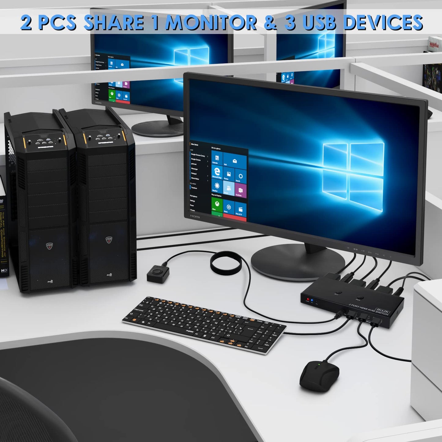 KVM Switch 4K@60Hz, HDMI USB Switch for 2 Computer Share UHD Monitor and Keyboard Mouse Printer, Support YUV RGB 4:4:4, with 2 USB Cables & Wired