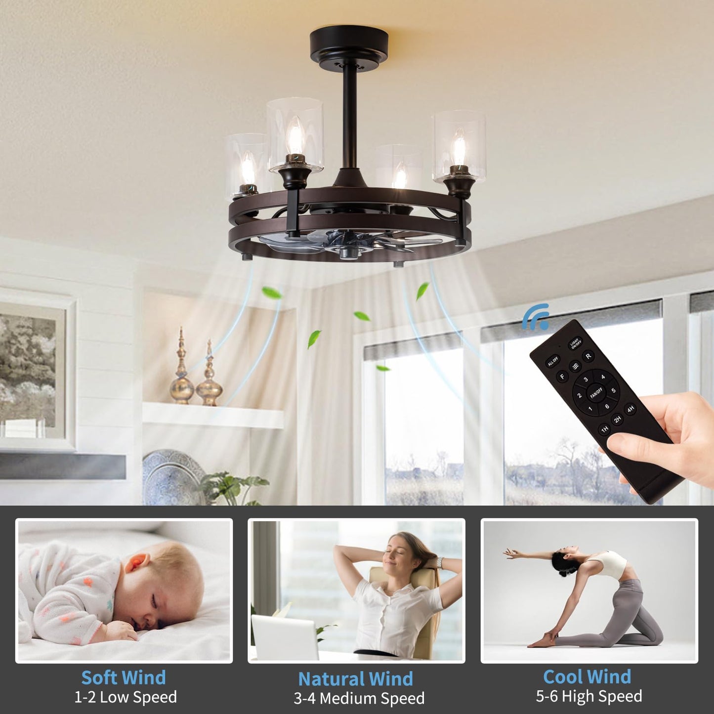 zsvicka 21" Caged Ceiling Fan with Light,Dining Room Fandelier,Black/Bronze