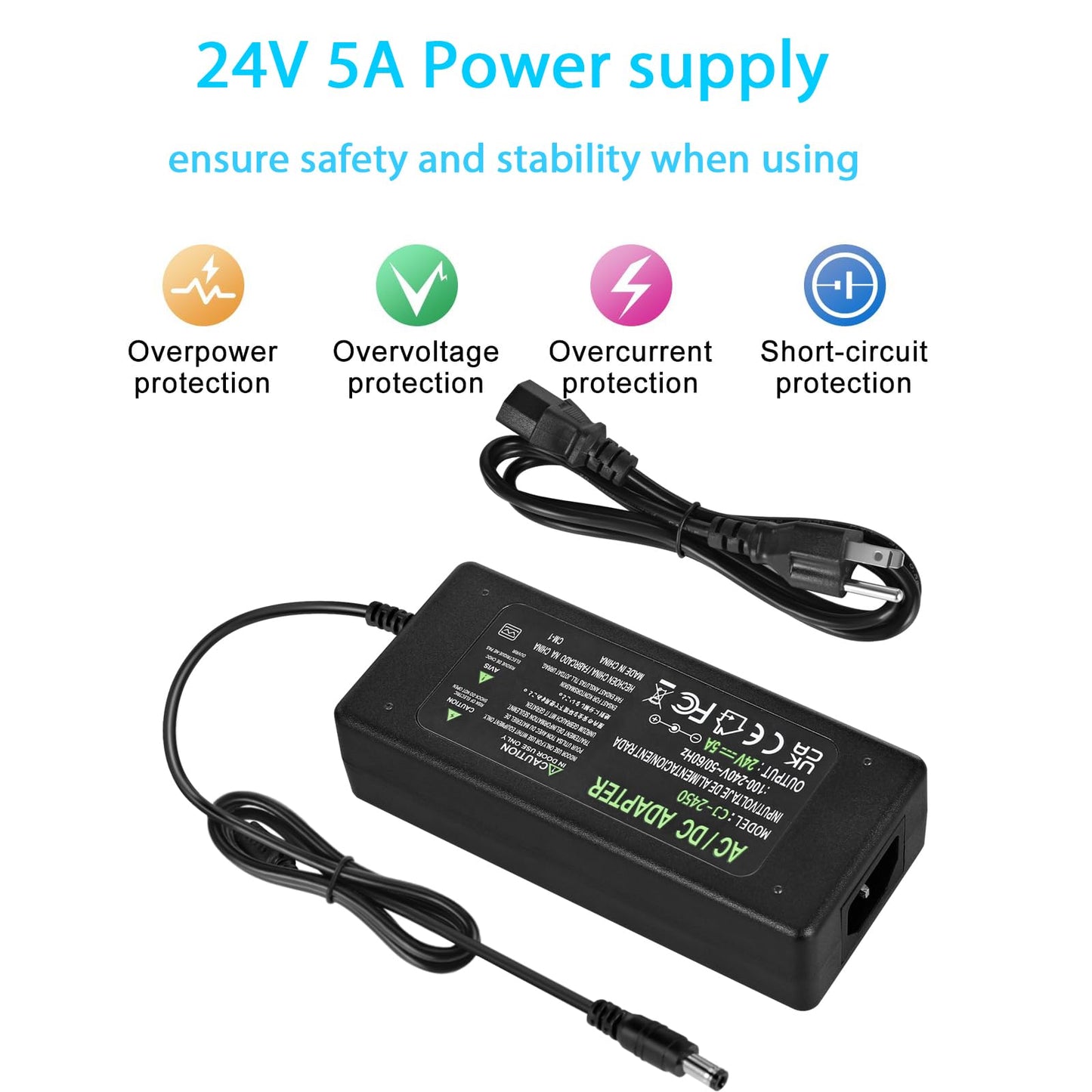 Power Supply 24V 5A,AC 100-240V to DC 24V 120W Converter Adapter Driver Transformer with 5.5mm x 2.5mm/2.1mm Jack, US Plug for Led Strips,LCD…