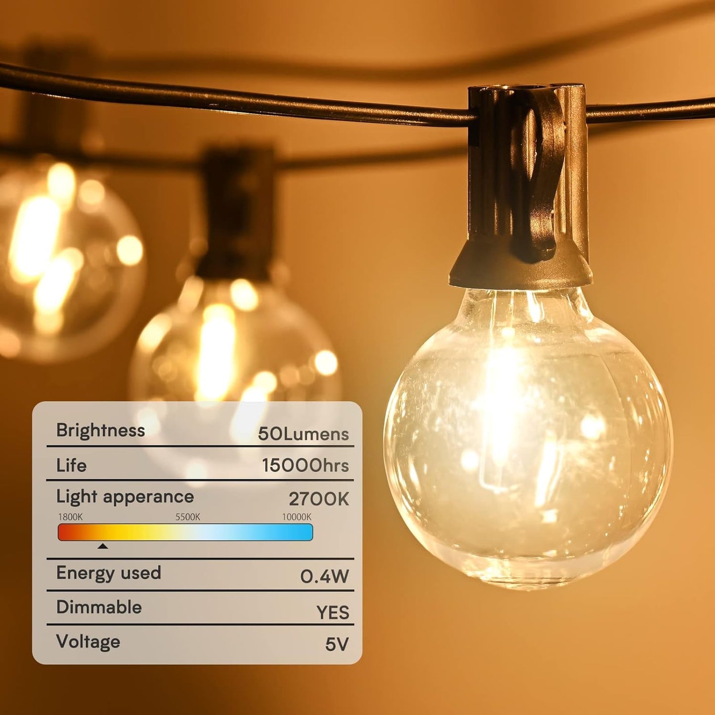 VENUSOP 4 Pack G40 Led Replacement Light Bulbs,2700K Warm White for E12 Medium Screw Base, for Indoor and Outdoor Led String Light Party Patio Garden