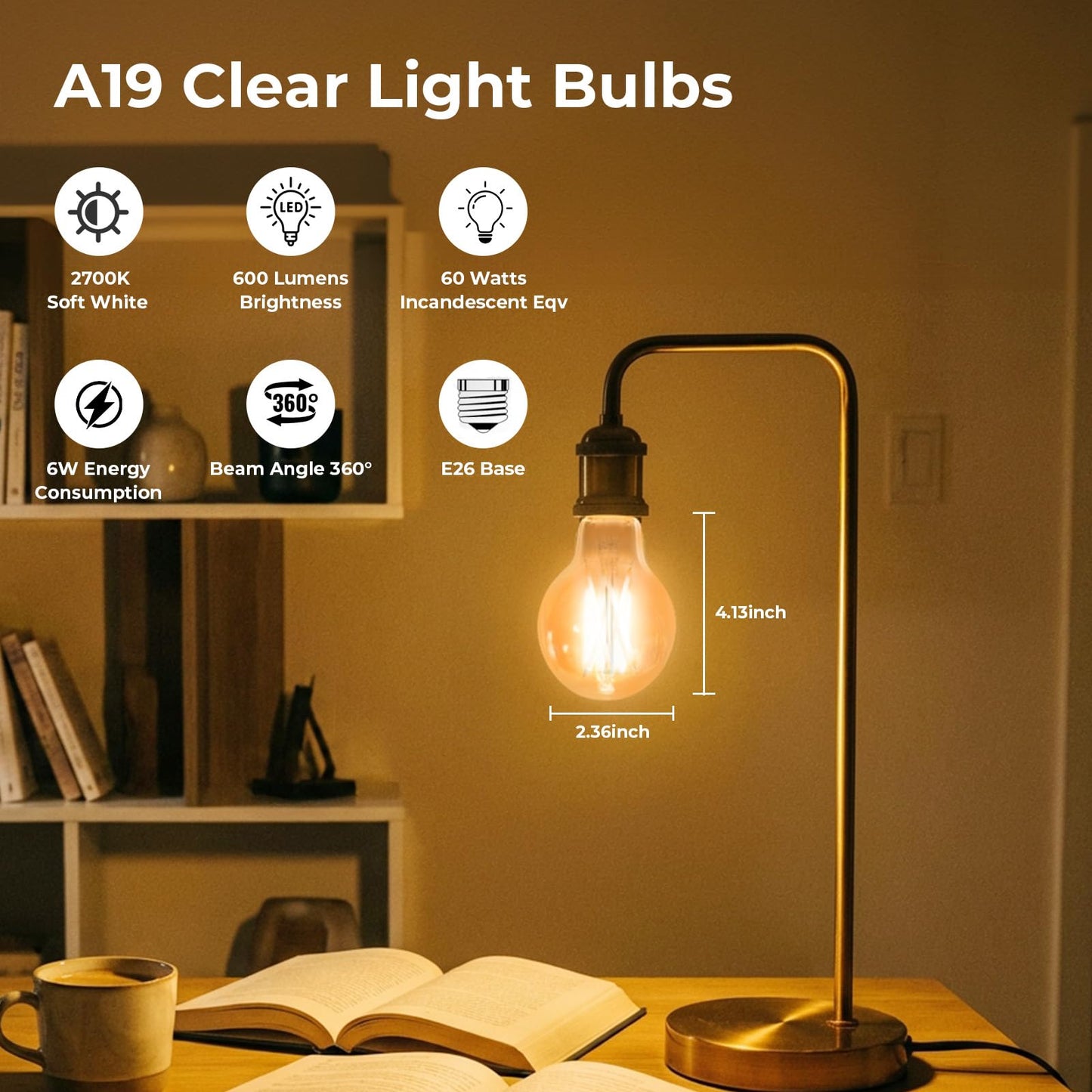 Stepless Dimmable A19 E26 LED Edison Bulbs, 60 Watt Equivalent 2700K
