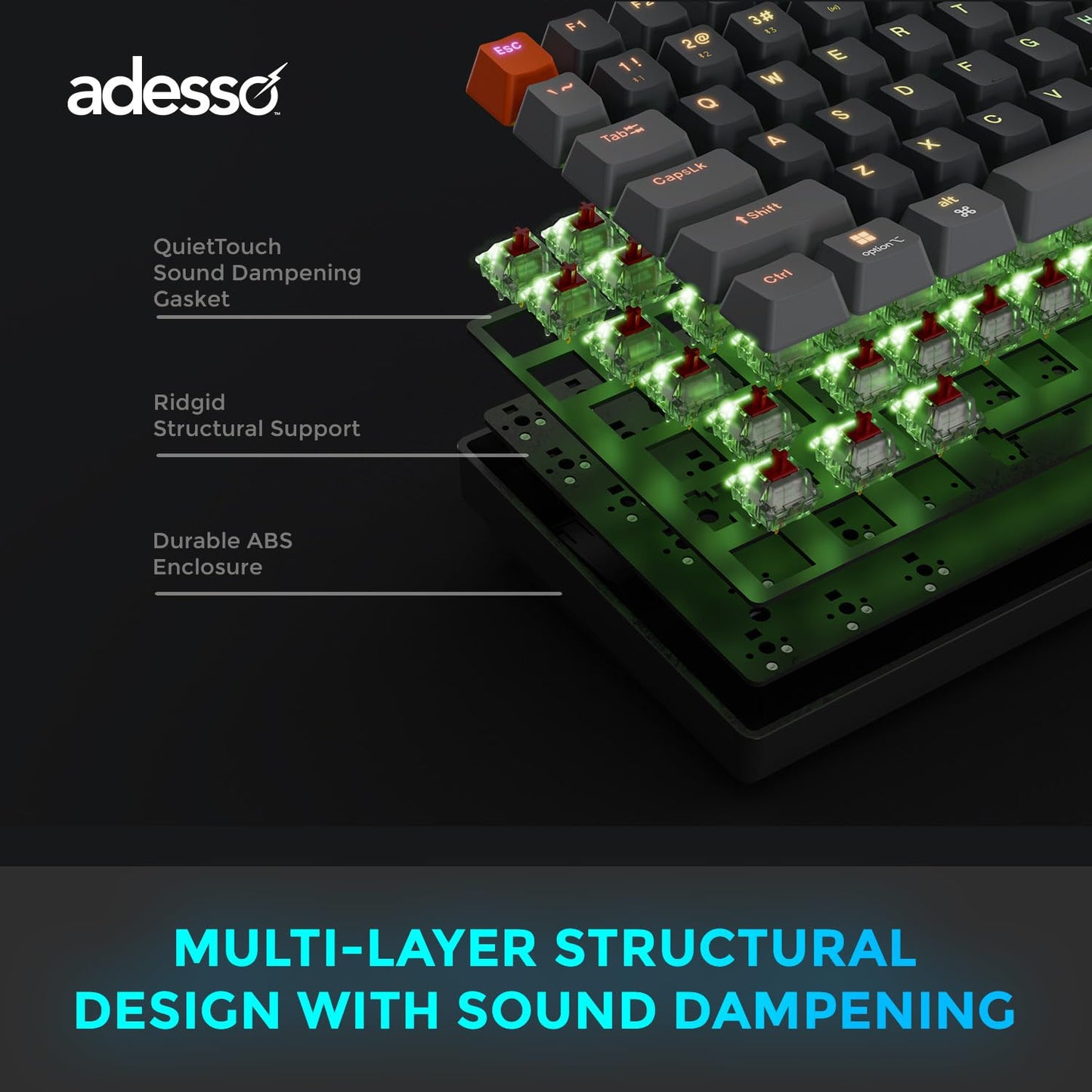 Adesso EasyTouch 1200 Wired/Wireless/Bluetooth Multi-OS Illuminated Mechanical VIA Mini Keyboard with Copilot Ai Hotkey