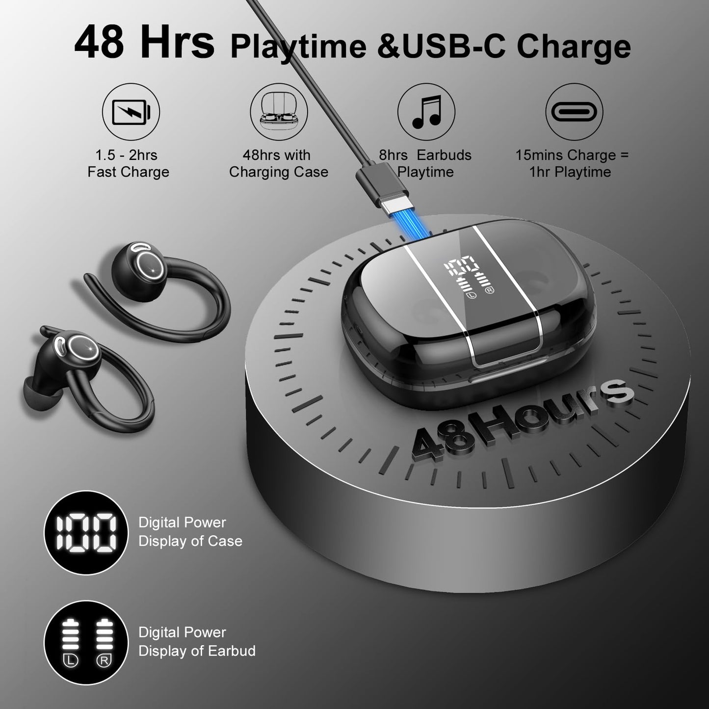 Wireless Earbuds Bluetooth 5.3 Headphones Sports, 48Hrs Playtime Bluetooth Earbud with CVC 8.0 Mic, 2026 Stereo Bass Over Ear Bud with Earhooks, LED…