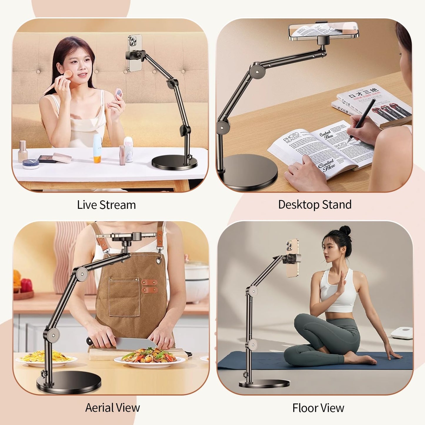 GOAKICHGO Heavy Duty Aluminum Overhead Phone Mount for Video Recording, Adjustable iPhone Tripod for Overhead Shots, Desk Phone Camera Stand