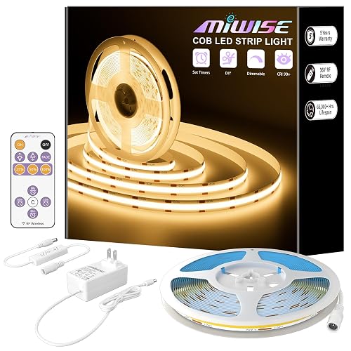 MIWISE COB LED Strip,LED Strip Light 2700K Warm White 20ft Dimmable Super Bright 24V,High Density Flexible Tape Light with RF Remote Timer