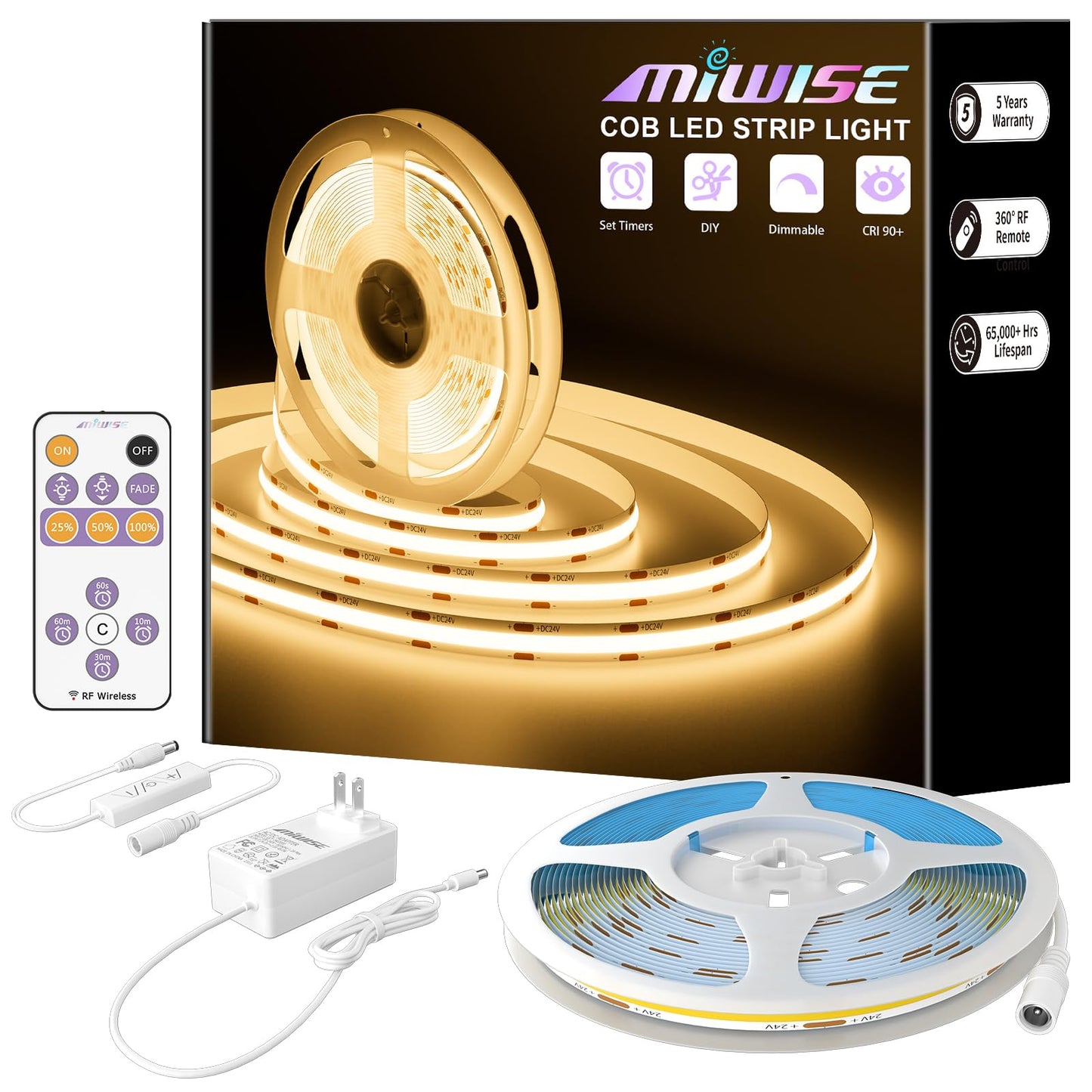 MIWISE COB LED Strip,LED Strip Light 2700K Warm White 20ft Dimmable Super Bright 24V,High Density Flexible Tape Light with RF Remote Timer