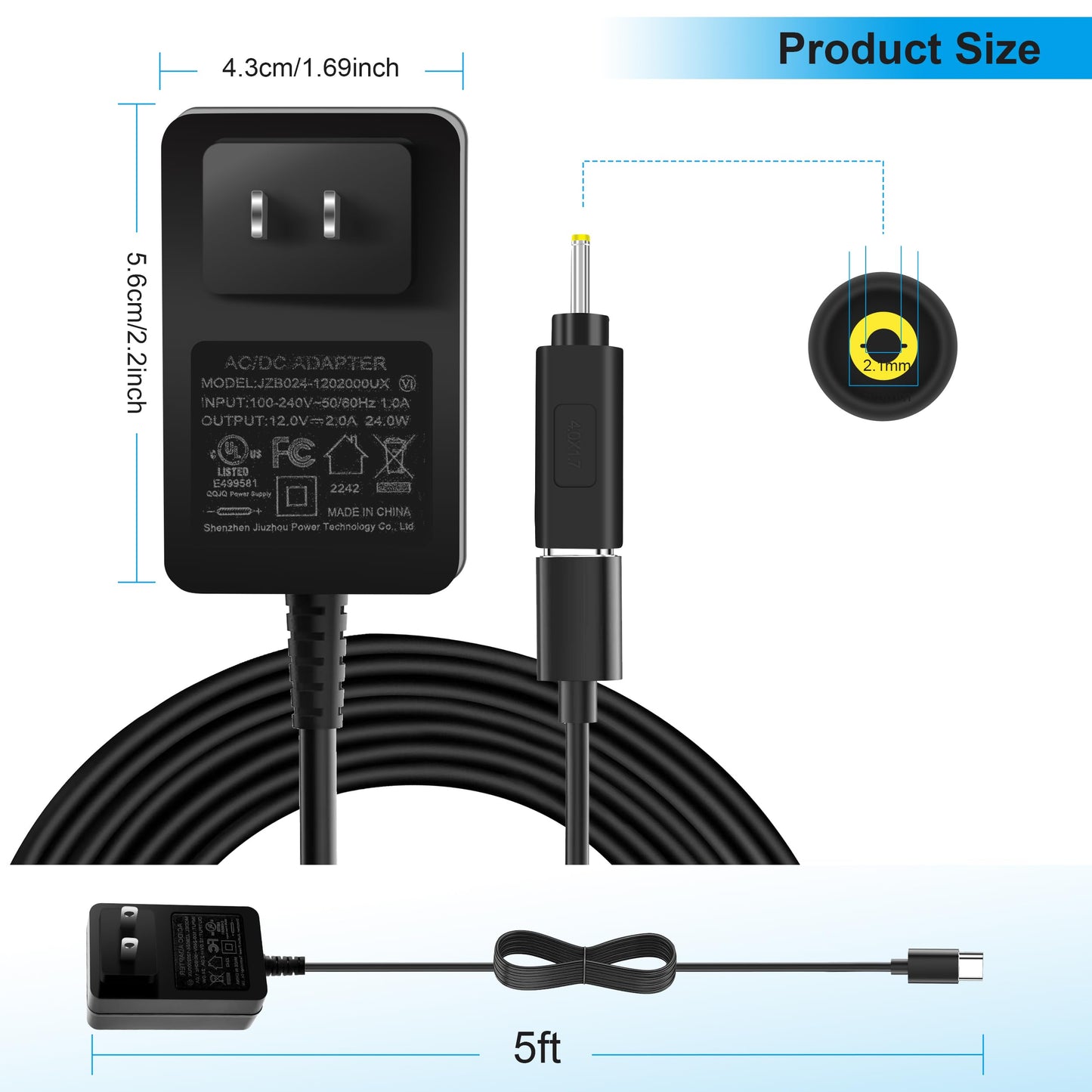 Type C Power Supply 12V 2A 24W Universal AC/DC Adapter 100-240V 50-60HZ Input Transformer DC 5.5X2.5MM 3.5X1.35MM Output Plug Widely Compatible CCTV…