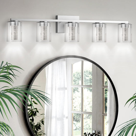 LED Modern Bathroom Light Fixtures Over Mirror, 5-Light Brushed Nickel Vanity Lights with 5 Color Modes, Dimmable Bathroom Vanity Light with Crystal