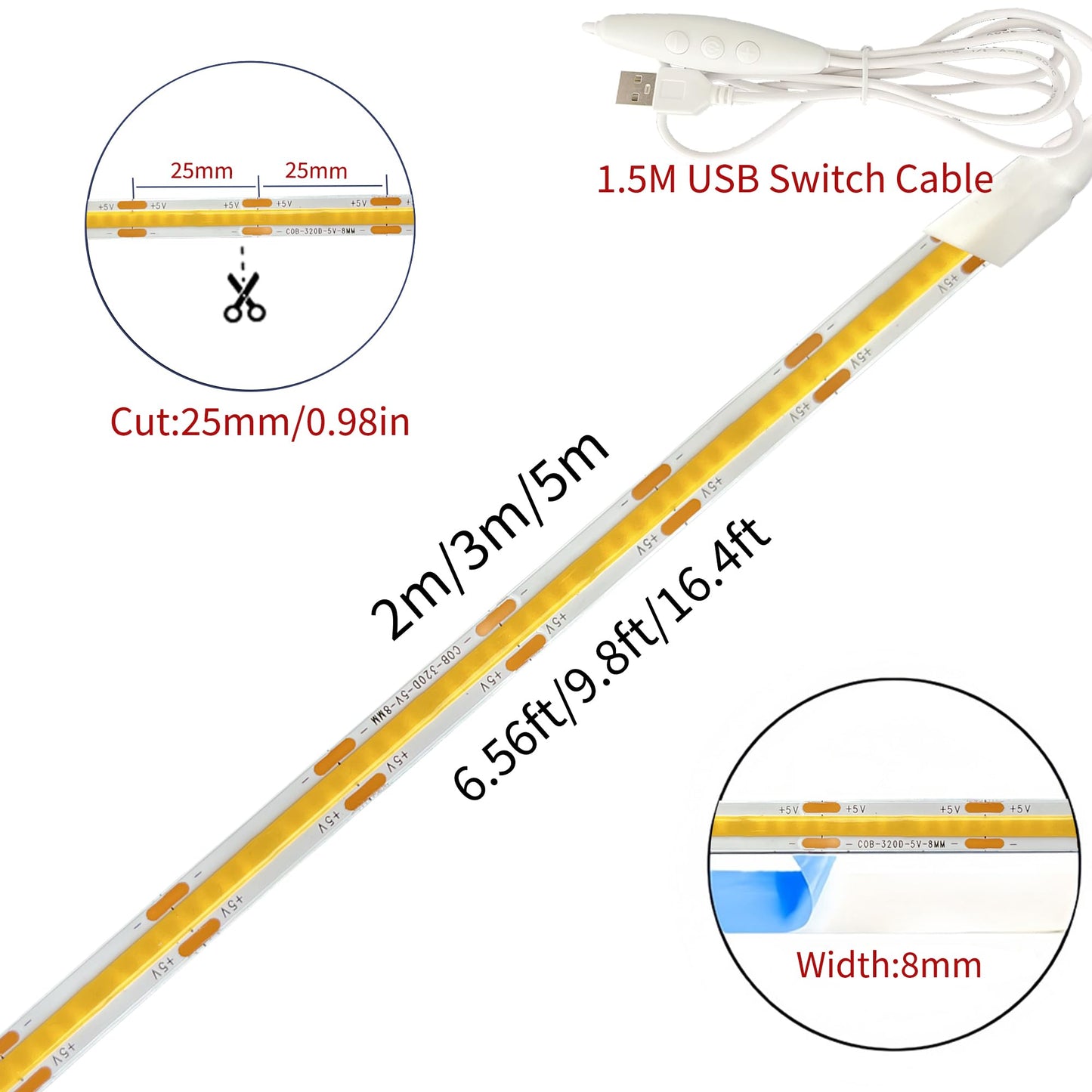 Clearhill 2PACK 5V USB COB LED Strip Lights with Dimmable Switch,16.4FT/5M,Cool White 6500K,320LEDs/M,8mm Width,Not Waterproof IP20,1.5M USB Switch