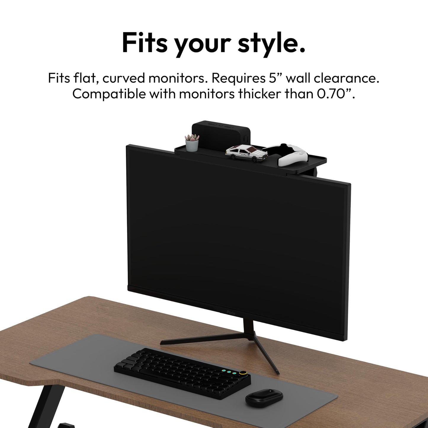 Pixio 12 inch Black Monitor Storage Top Shelf - Adjustable Platform, Universal Fit, Holds Up to 13lbs, Works on TV, Flat, Curved Monitors, Storage