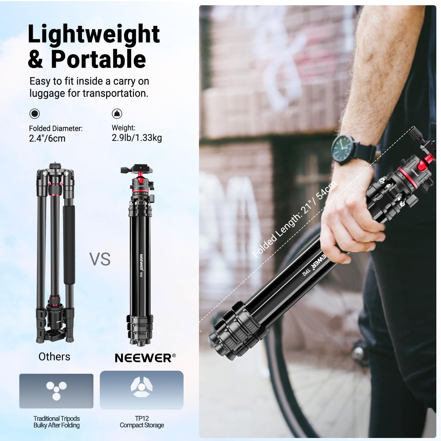 NEEWER Basics 66.5"/169 cm Travel Tripod for Camera, Lightweight Portable DSLR Stand with Ball Head, Arca Type QR Plate, Cell Phone Holder Compatible
