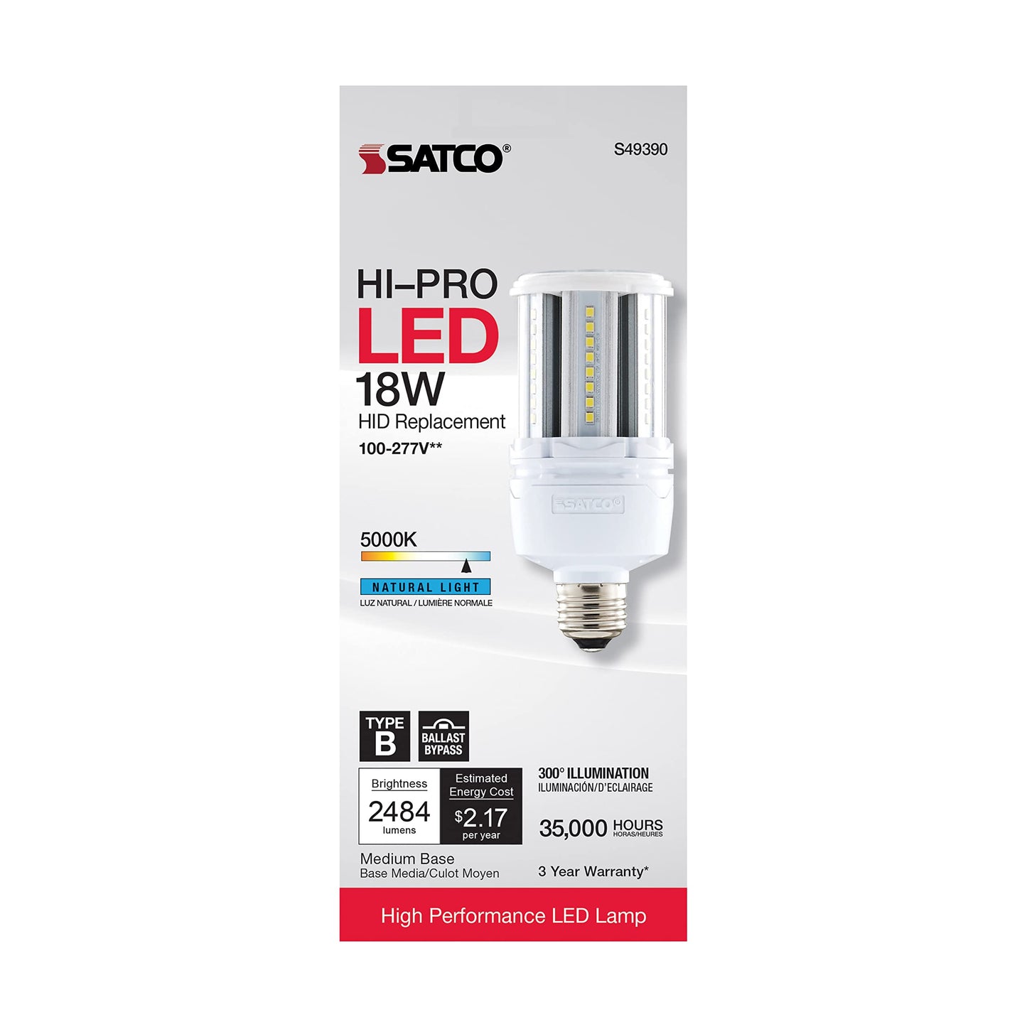 Satco 18W LED Corn Cob Light Bulb, HID Replacement for Garage & Commercial Lighting, 5000K Daylight, E26 Base, Ballast Bypass, Indoor/Outdoor