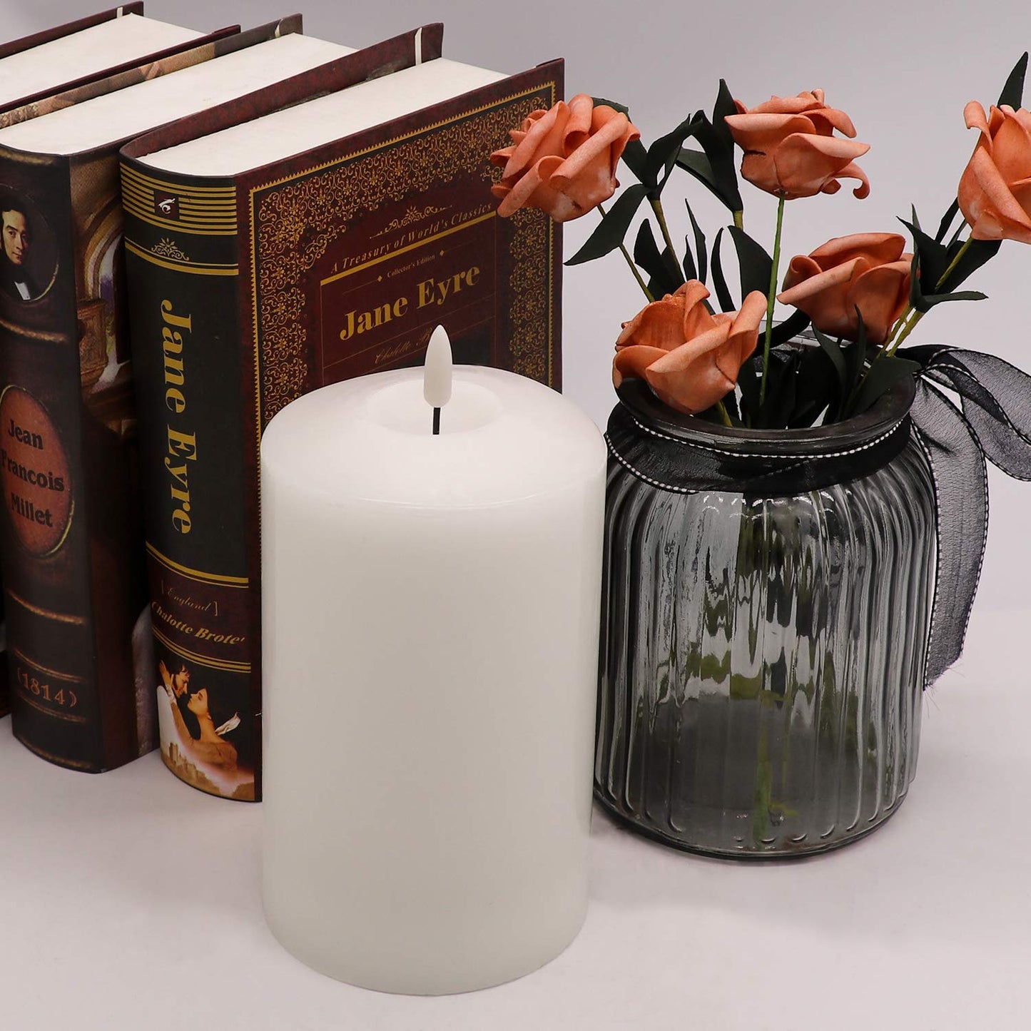 Eldnacele Large Flameless Flickering Candles White 3D Realistic Black Wick with Timer, 4” X 7.5” Battery Operated Real Wax Pillar Candles Warm White