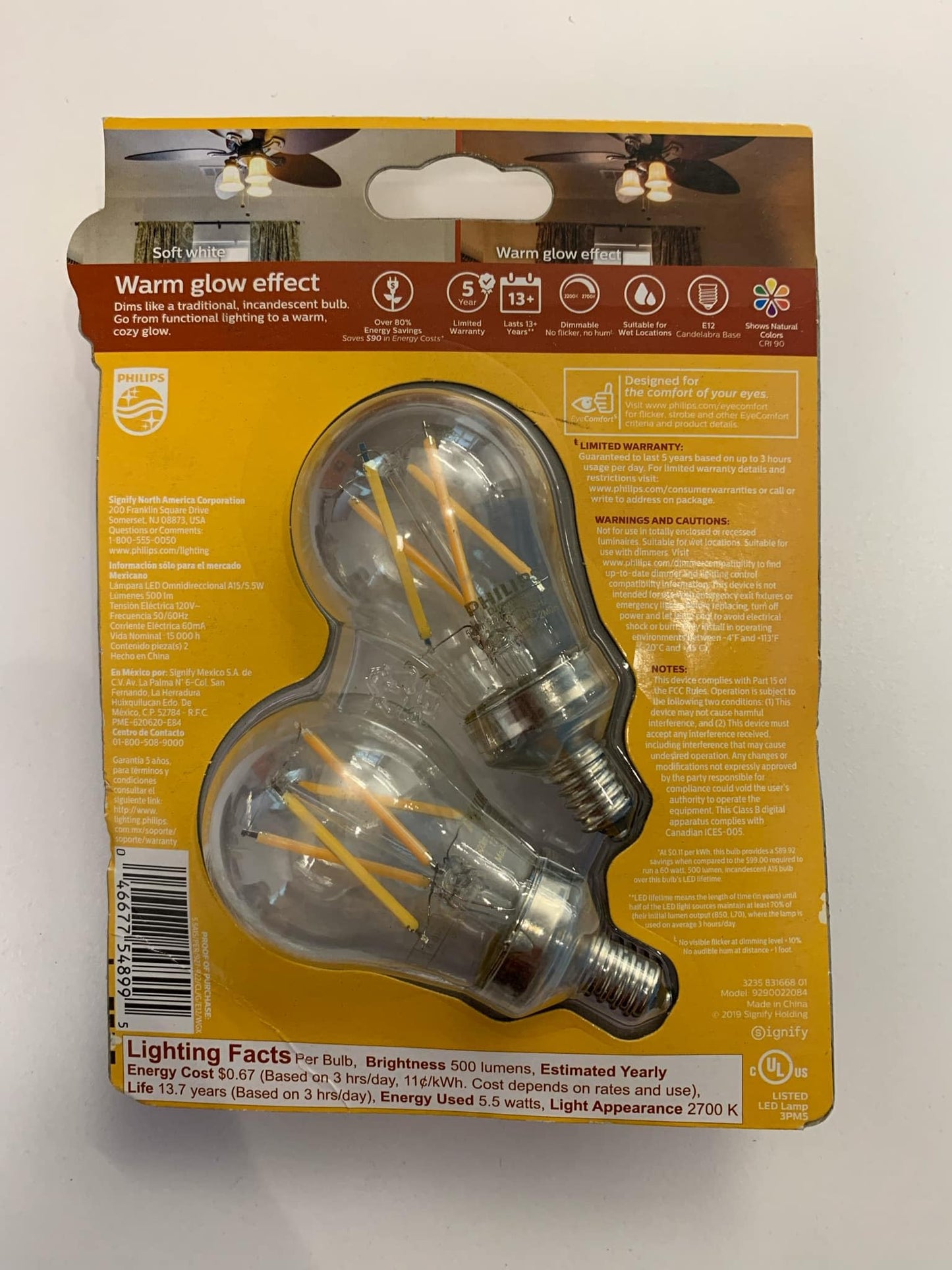 Philips LED Clear Dimmable, Warm Glow Effect A15 Light Bulb - Pack of 2 - EyeComfort Flicker Free - 5.5W=60W - 500 Lumen - Soft White (2700K) - E12